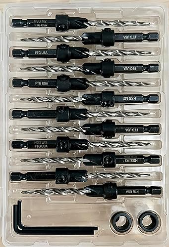 Miniatura 9 de Juego de brocas avellanadoras para madera con broca cónica, 12 piezas, #10 (316")