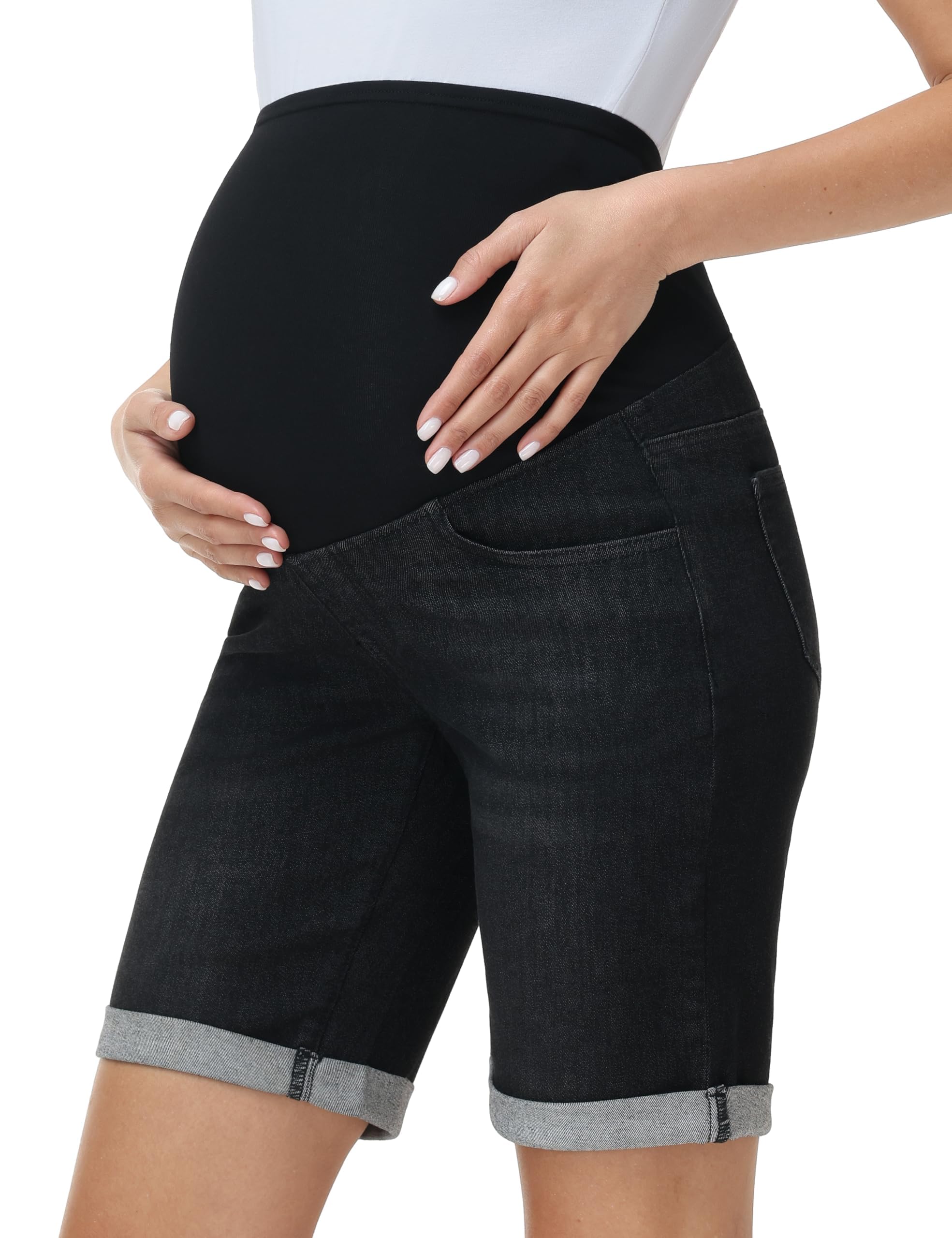 Pantalones vaqueros cortos de maternidad, pantalones vaqueros por encima del abdomen, dobladillo doblado, pantalones cortos de maternidad