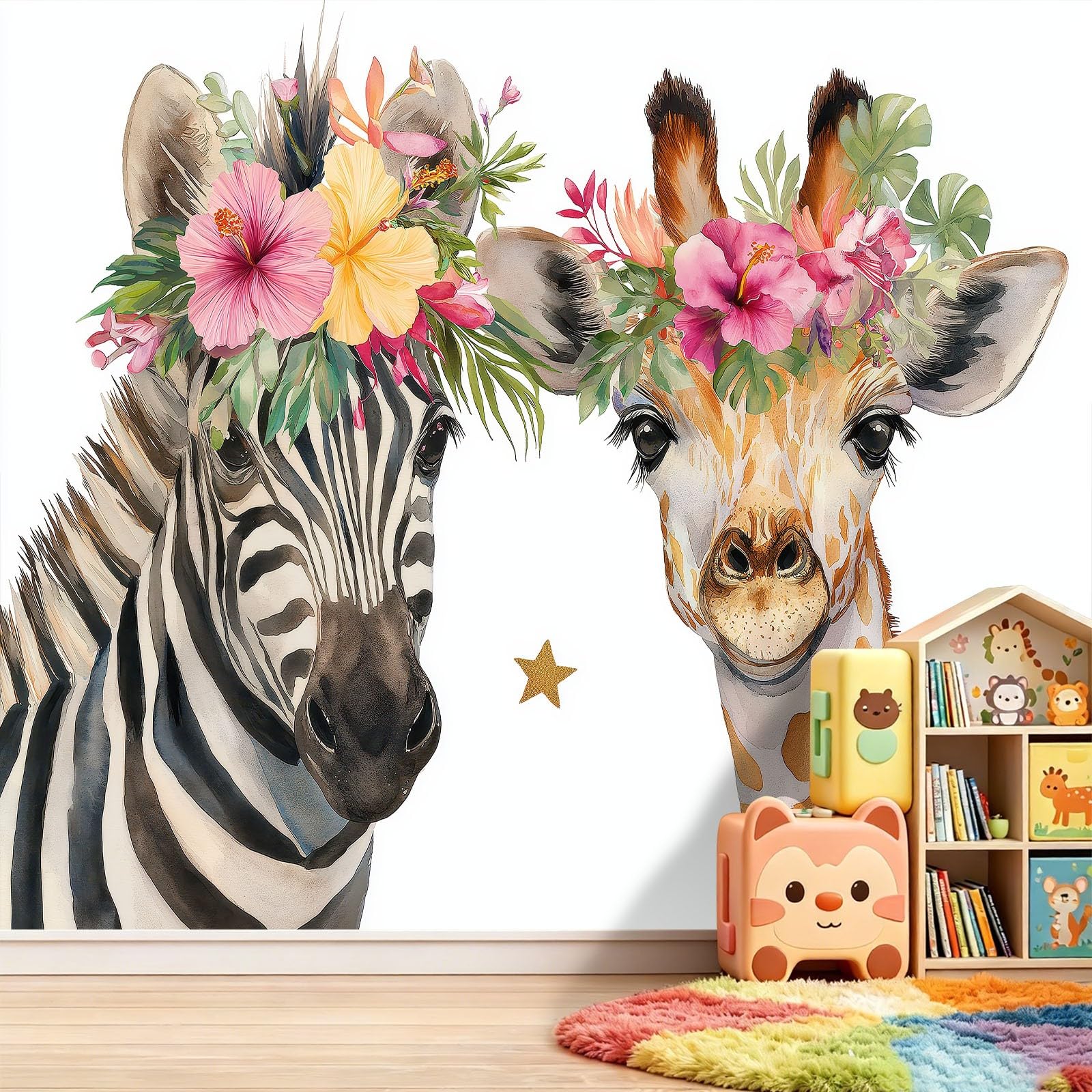 Panoramiczna tapeta 3D 500 x 280 cm fantastyczne zwierzęta zebra żyrafa tapeta z włókniny, duże ściany plakat do salonu, dekoracji pokoju dziecięcego, na ścianę, łatwy montaż, biała