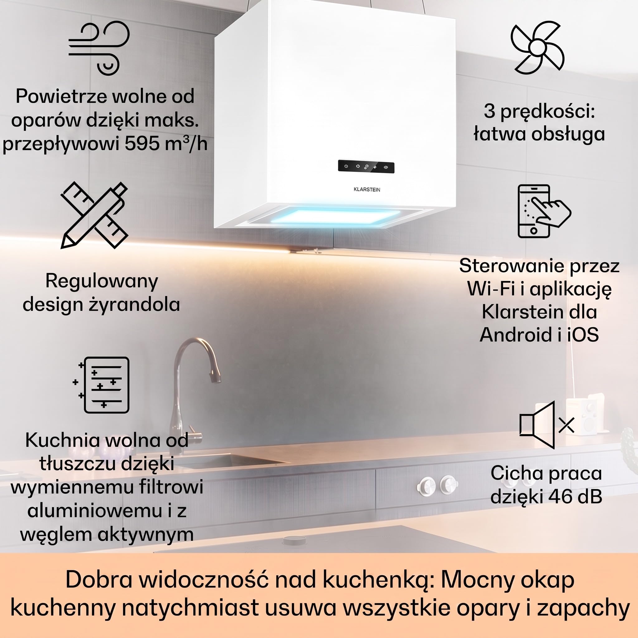 Klarstein Okap, Okap wyspowy wiszący, wyciągowy/z recyrkulacją do montażu sufitowego, Nowoczesny z 3 biegami, Przepływ 595m³/h i sterowanie aplikacją, wyspowy sufitowy
