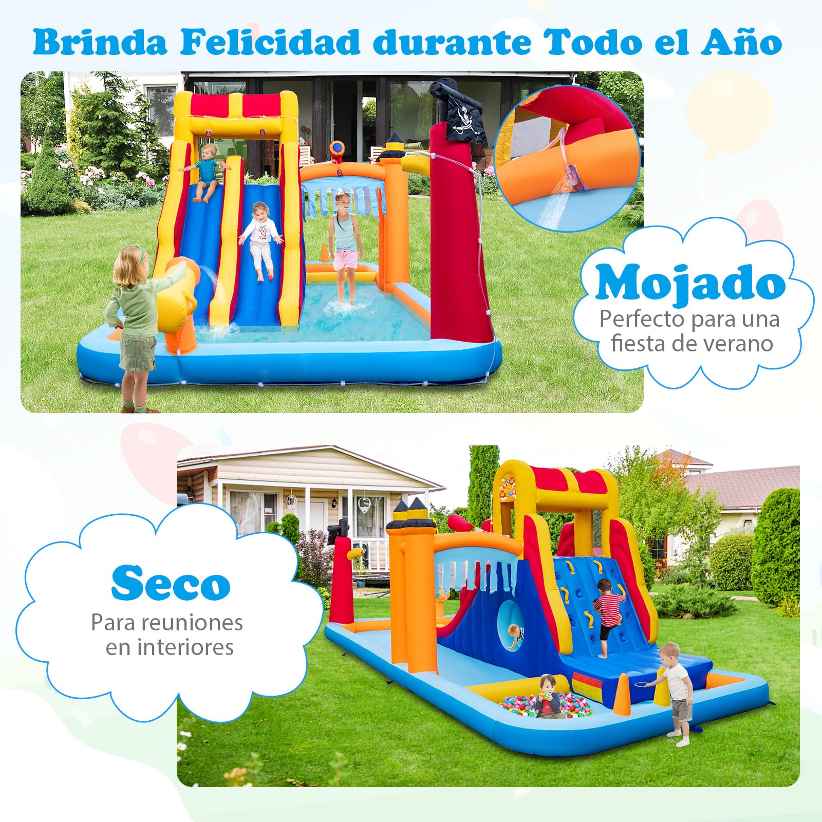 COSTWAY Castillo Hinchable Acuatico, 4 en 1 Castillo Hinchable para Niños 3-10 Años con 3 Niños, 693 x 295 x 263 cm, Seco y Agua, Insuflavel Crianças Interior Exterior