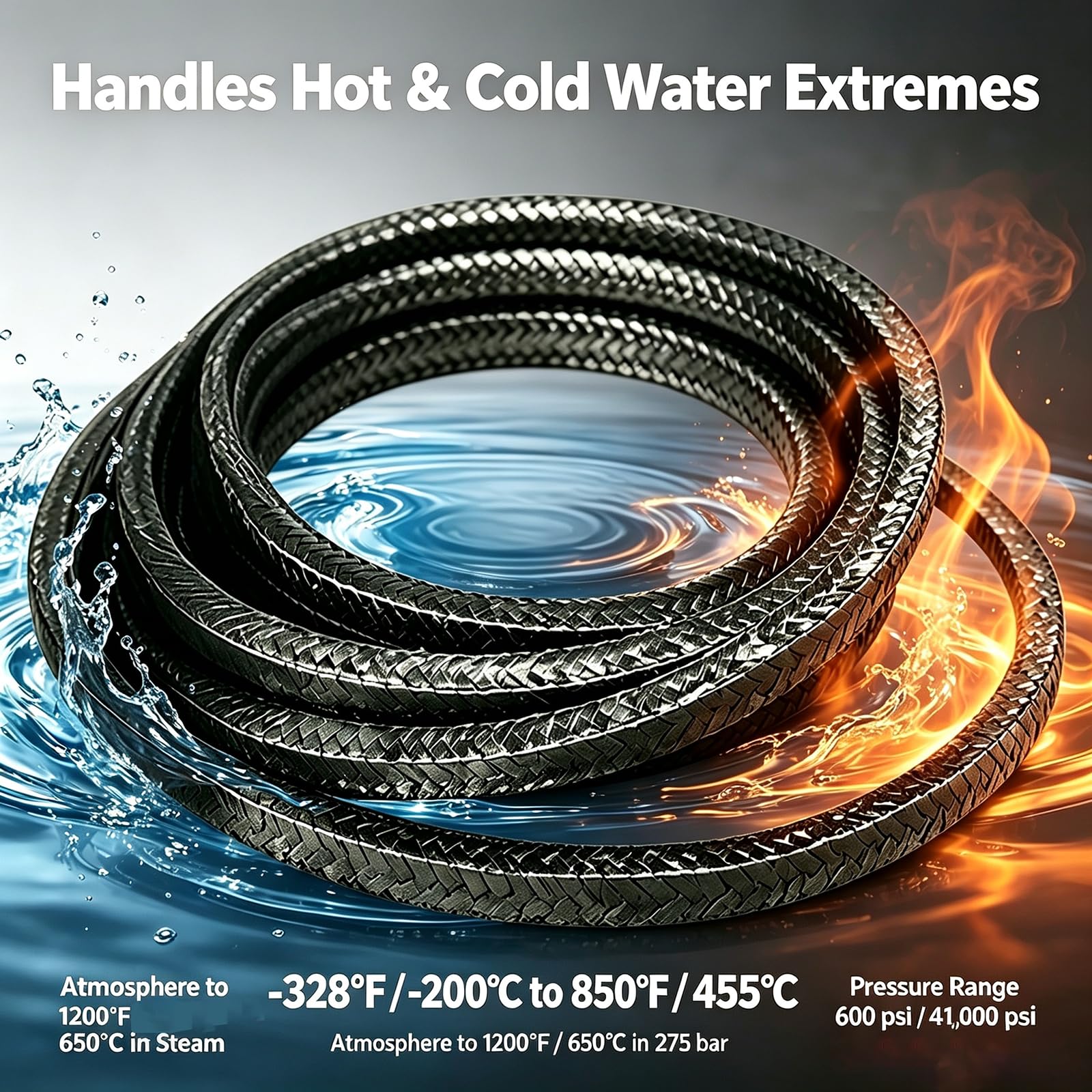 Corda intrecciata in grafite per guarnizioni di pompa/valvole/ghiandole, tenuta ad alta temperatura per vergelle (0,8 cm x 5/4,92 m), nera