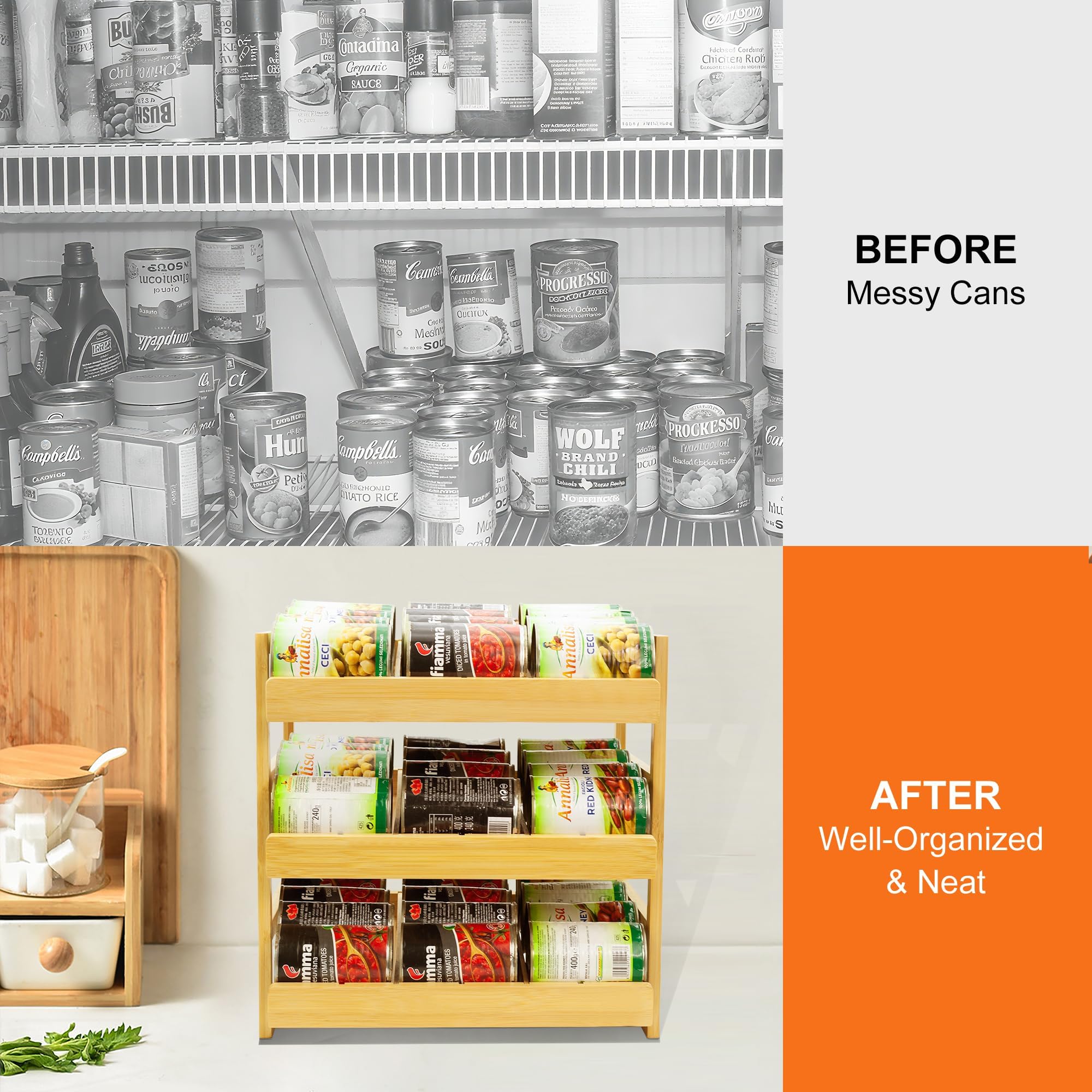 MinBoo Organizador de latas de bambú para despensa, estante apilable para 36 latas, almacenamiento de alimentos enlatados, estante de despensa, armario de cocina o encimera