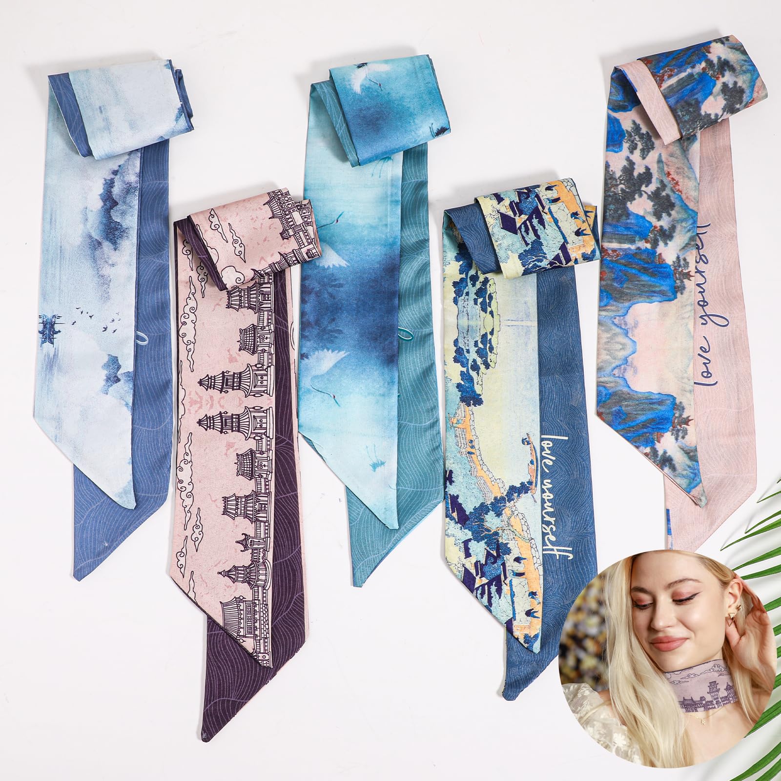 8 pañuelos de seda para mujer, pañuelos de seda para bolsos, pañuelos de seda coloridos y estrechos para atar el pelo, bolso de seda, toallas de pelo elegantes
