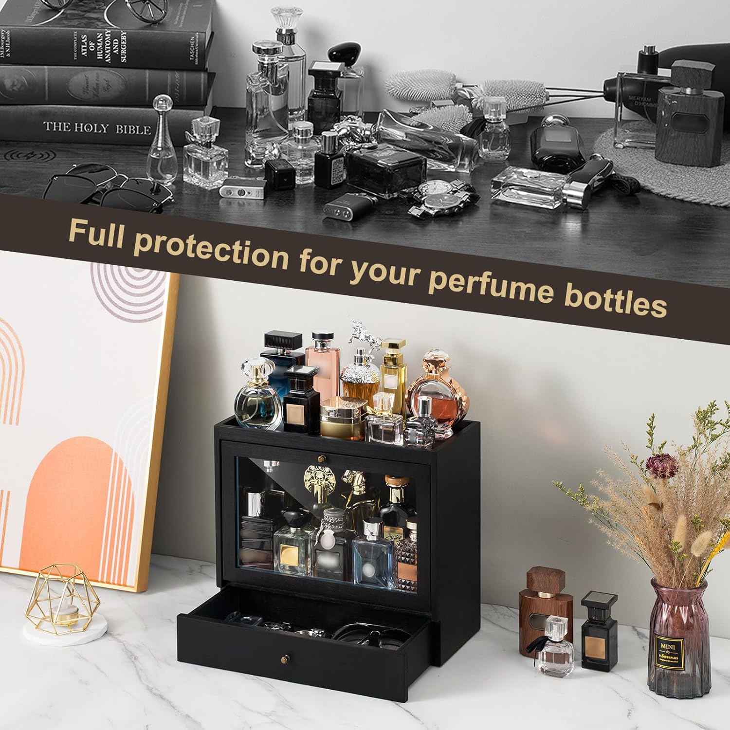 Cologne Organizer for Men, Solid Wood Perfumes Organizer for Men Dresser, Large Capacity Dustproof Cologne Holder with Drawer Storage Perfume Stand Organizer, Ideal Gift for Loved ones