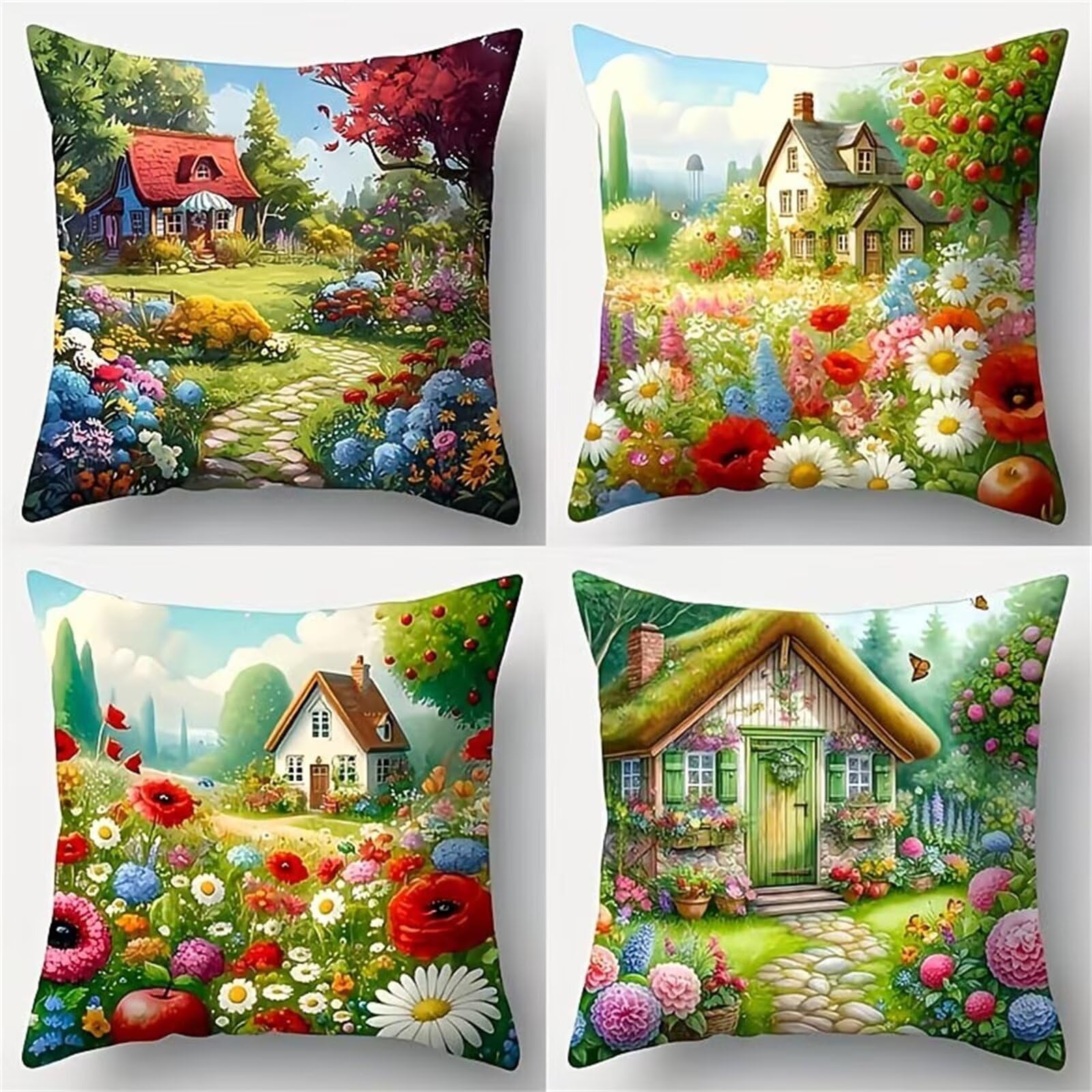 Heaen Outdoor Cushions Covers Waterproof 55x55 cm Set of 4 Square Linen Pillow Cases Flower Cottage Decorative Dushions for Sofa Porch Patio Home Decor