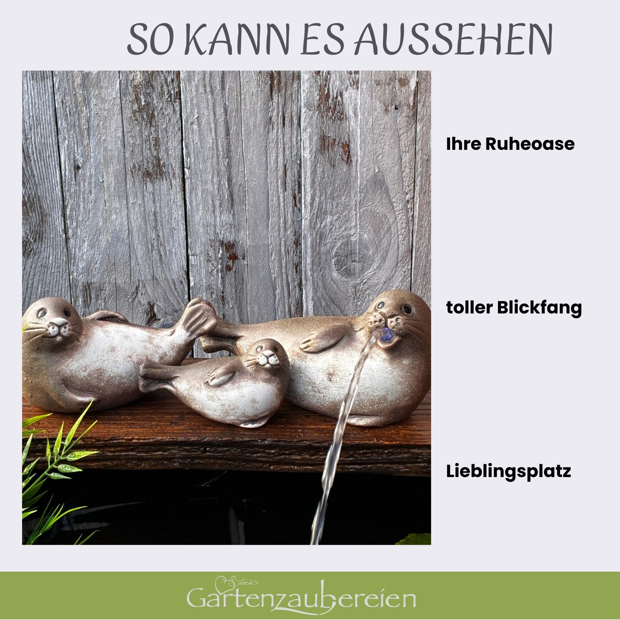 Storm's Gartenzaubereien Maritimes Wasserspeier Robben Set – 3er Set Robbenfamilie aus Keramik inkl. Pumpe – Dekofiguren für Miniteich, Balkon und Garten – Energieeffiziente Teichdeko mit 1,8m Kabel