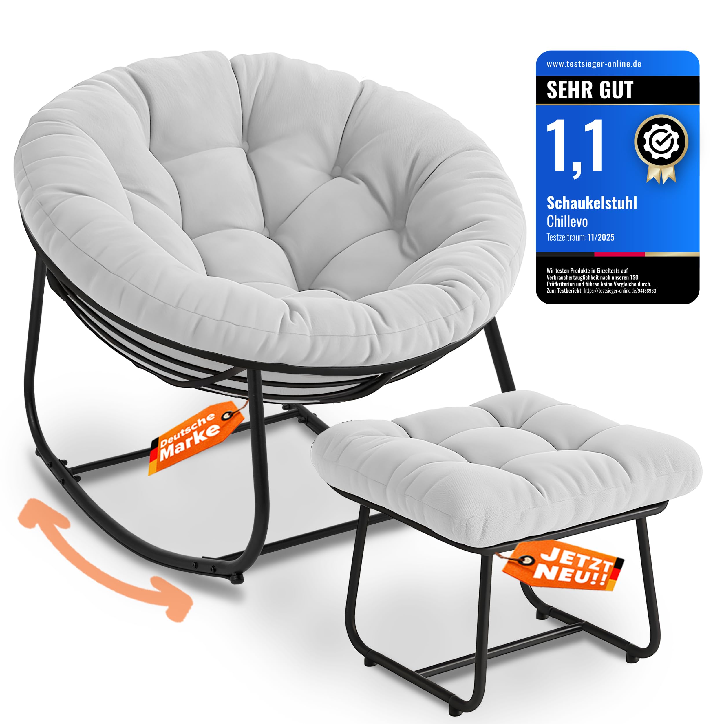 Chillevo Chillzeit Schaukelstuhl mit Fußablage [Testsieger] Wetterfest Schaukelsessel Ergonomisch Rocking Chair für Wohnzimmer Garten Balkon & Terrasse XXL Outdoor belastbar bis 180kg (Sandweiß)