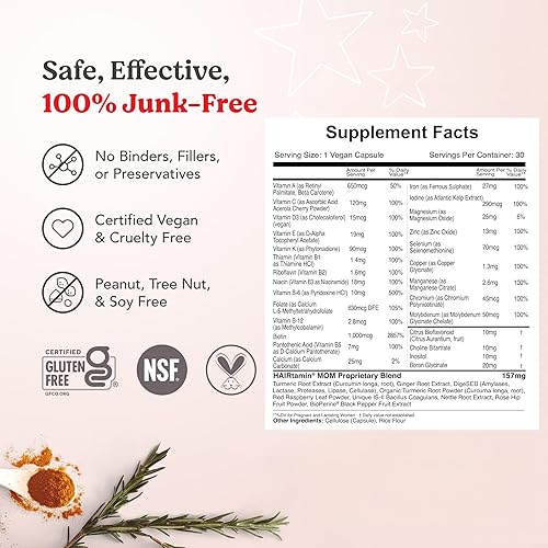 Miniatura 7 de Hairtamin MOM Suplemento multivitamínico vegano prenatal y posnatal y crecimiento del cabello, vitamina embarazo, posparto, probiótico de lactancia