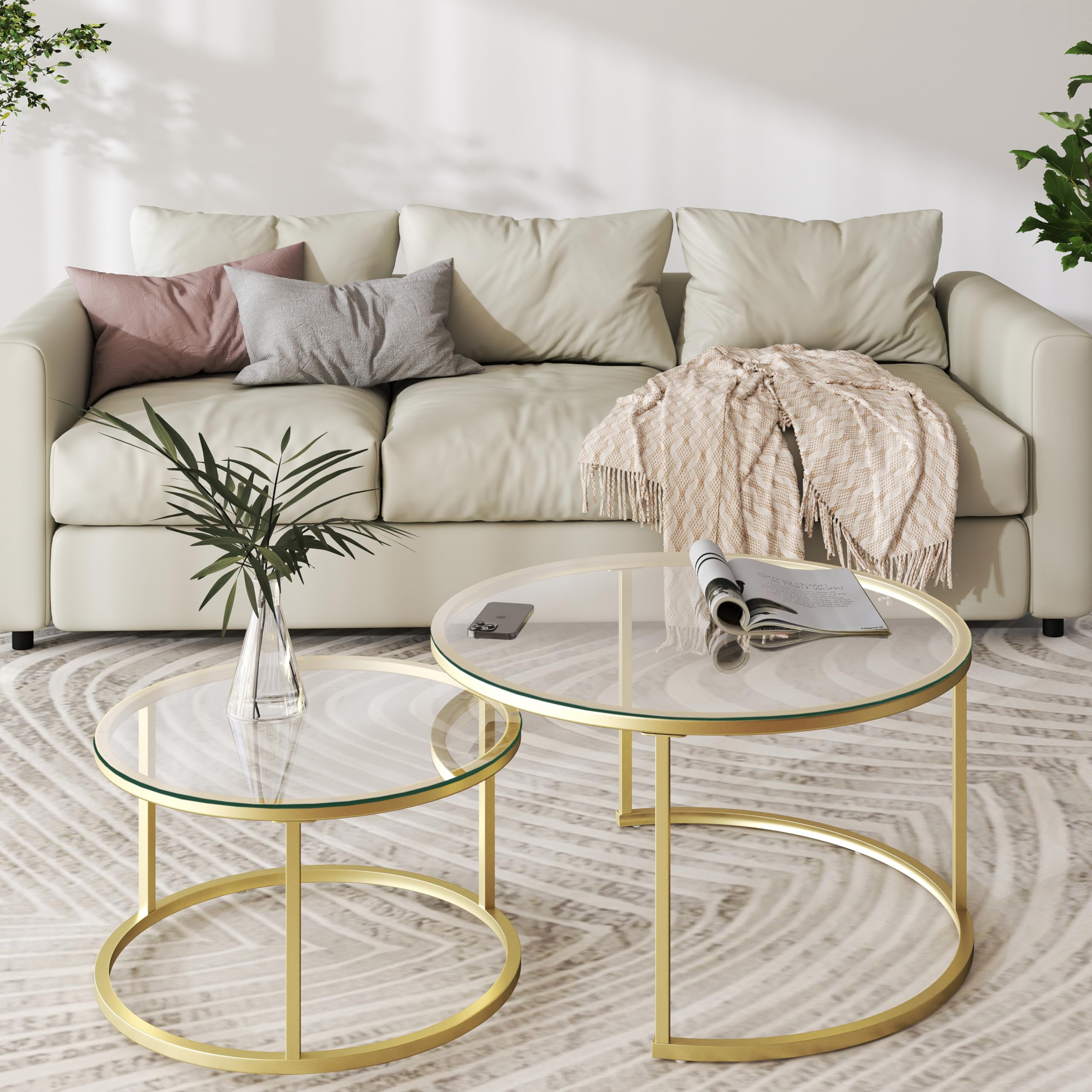 Set di 2 Tavolino da Caffè in Vetro, Rotondo Impilabile per Soggiorno, Gambe in Metallo Dorato, Tavolino Soggiorno Moderno 80x45 cm + 60x35 cm (Vetro+Oro)