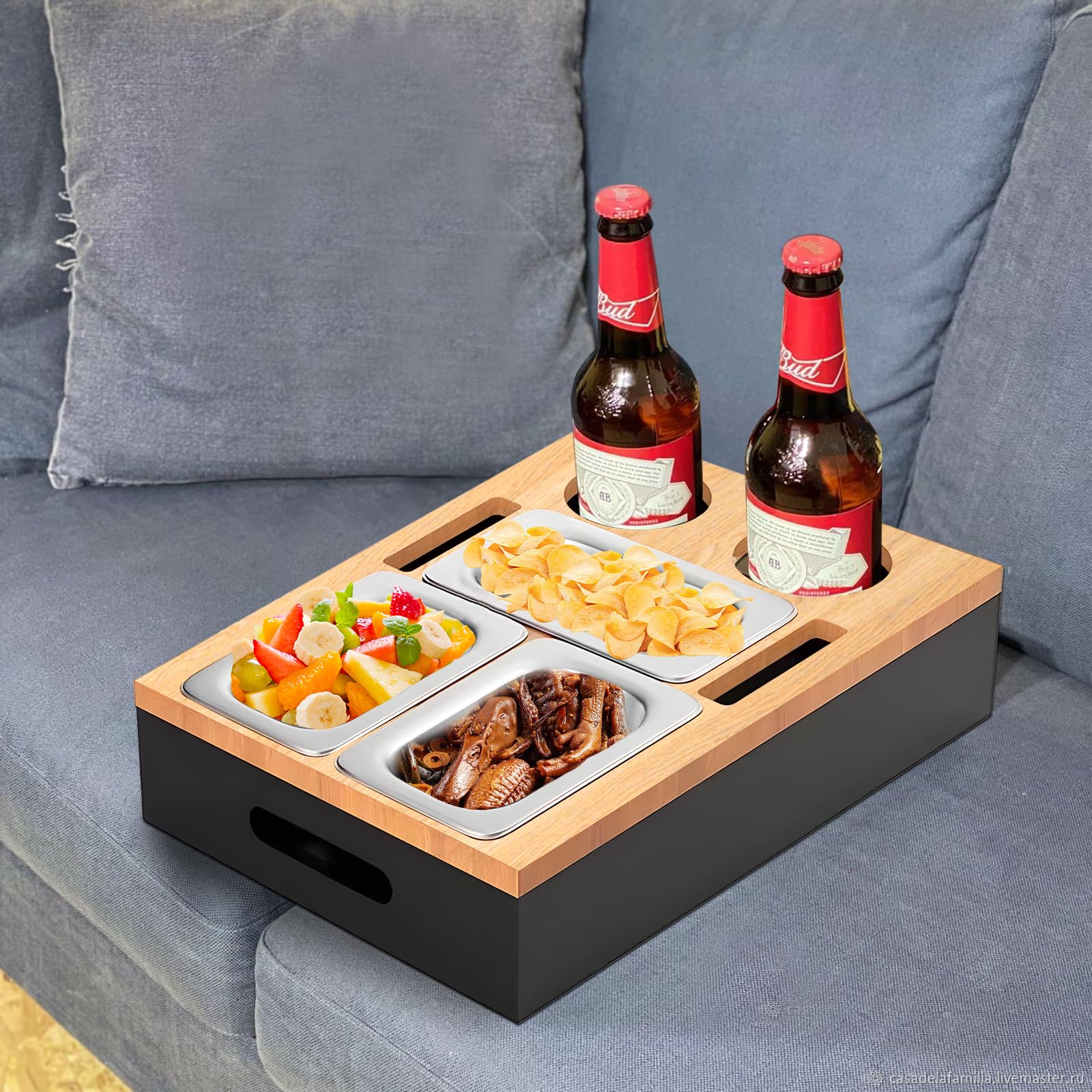 Vassoio Portaoggetti Da Divano In Legno Con Sottobicchieri E Vaschette Snack In Acciaio Inox - Organizer Per Salotto, Idea Regalo - 4