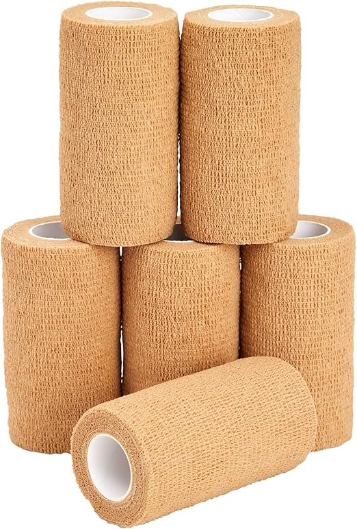 6-Rolls Self Adherent Bandage Wrap, Vet Tape - 4 in x 5 Yds Breathable, Elastic Cohesive Wrap Tape for Wrist, Swelling, Sports, Tattoo (Tan)