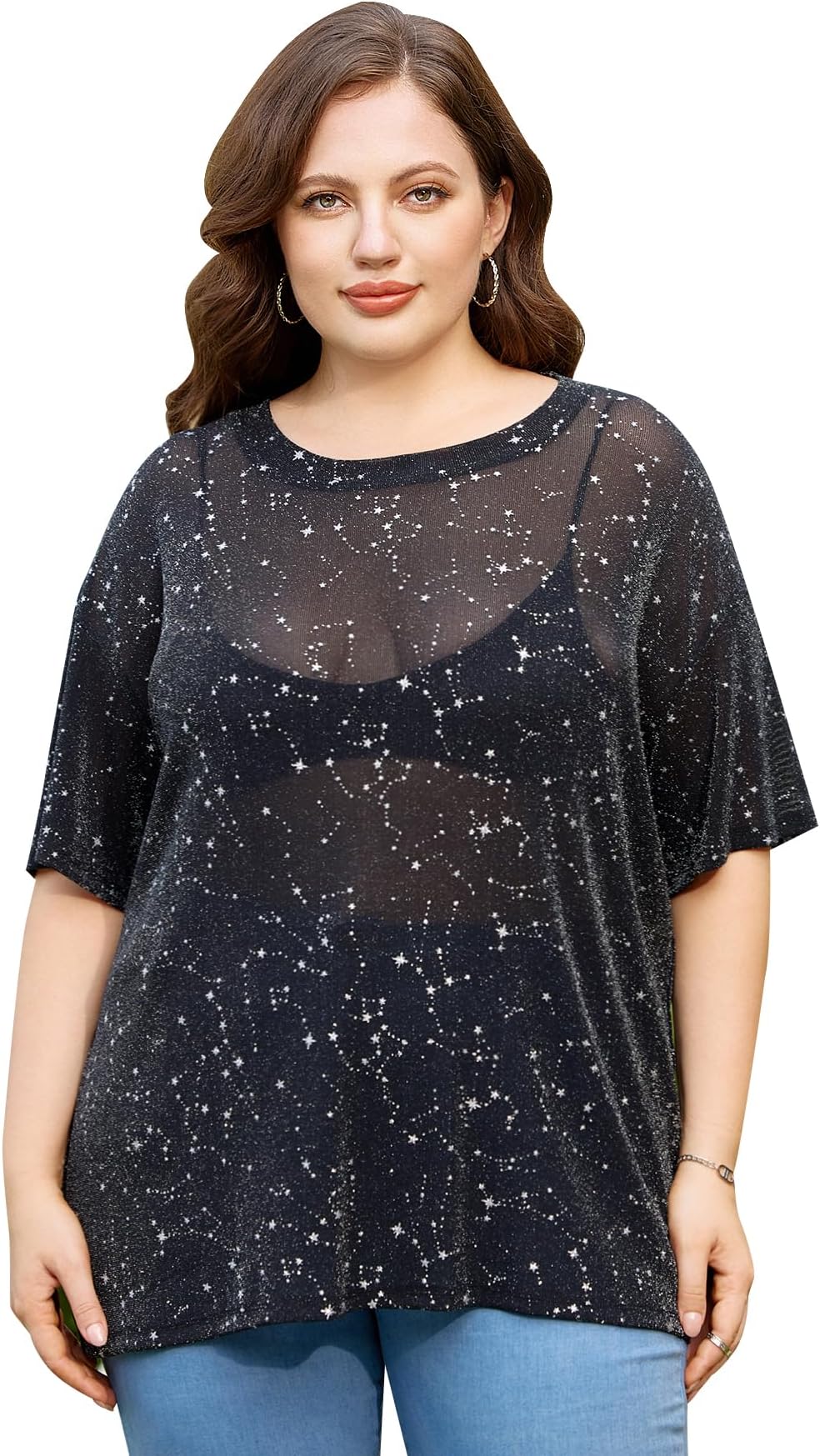 WDIRARA Women's Glitter Sheer See Through Short Sleeve Mesh Top Tee Blouse