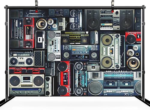 Miniatura 3 de Telón de fondo vintage de los años 80 de 7 x 5 pies, pared retro llena de radio Boombox de los 80 estilo fondo para amplificador antiguo de video