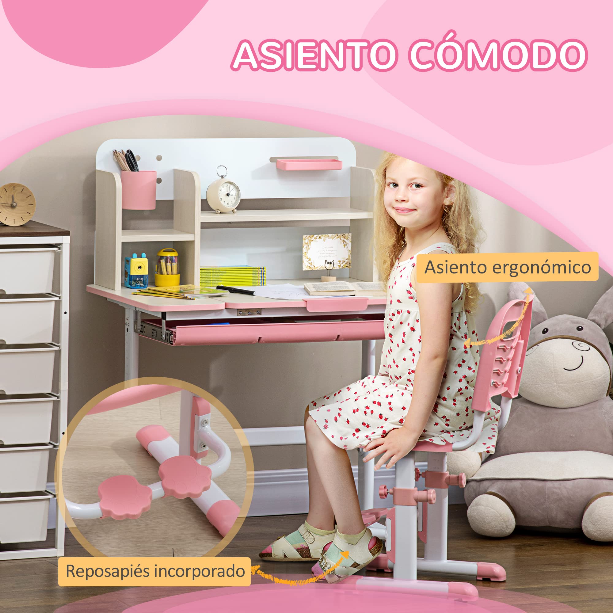 HOMCOM Juego de Escritorio y Silla para Ninos de +3 Anos con Altura Ajustable, con Tablero de Mesa Inclinable Cajon y Estanteria para Libros 80x52x88-109 cm y 35,5x44,5x66-80 cm Rosa