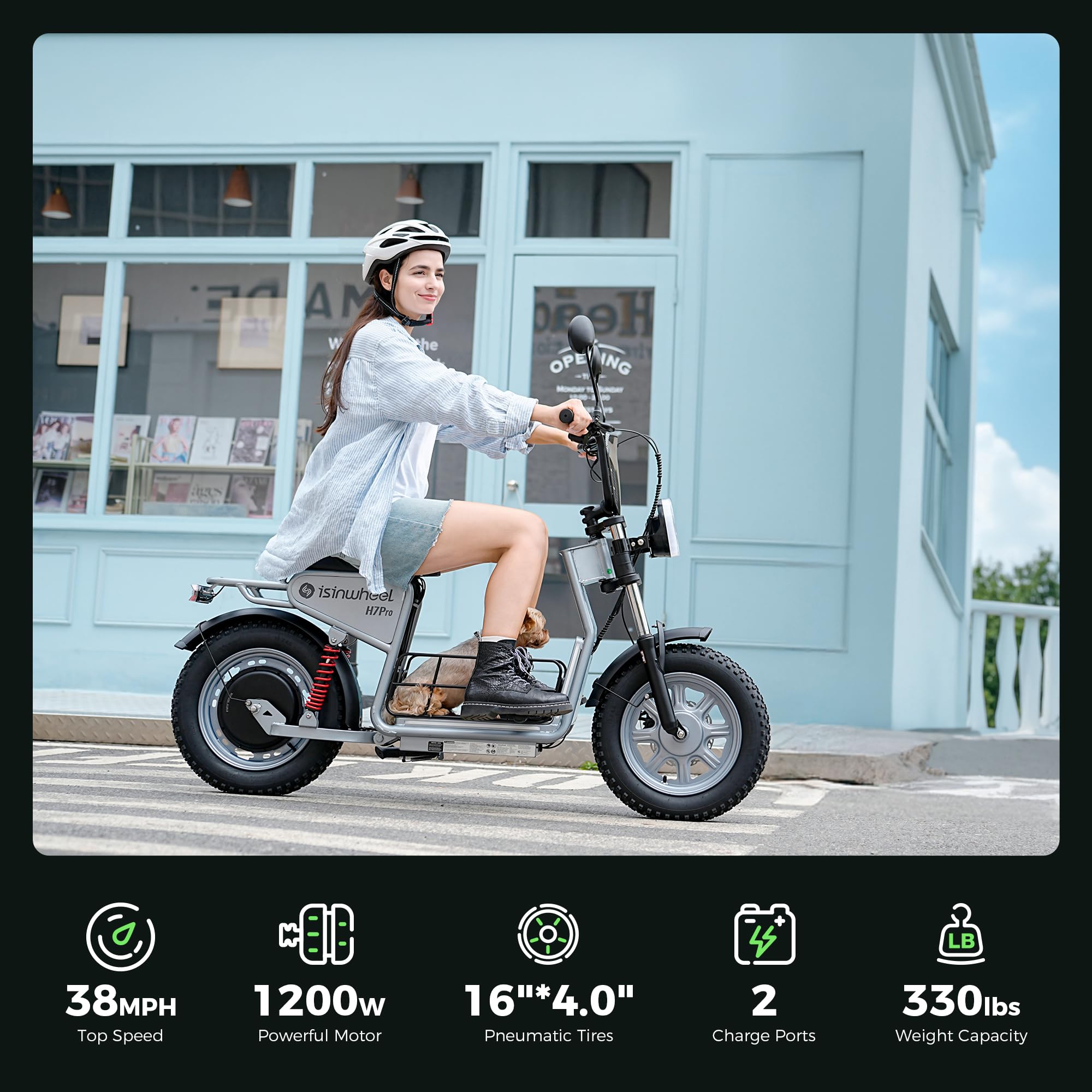 isinwheel H7Pro Electric Scooter Adults, 38 MPH Top Speed & 43 Miles Range, 16'' Fat Tire Scooter for Adult with Turn Signals & Mood Lights, Smart APP, 1200W Powerful Motor Electric Scooter with Seat