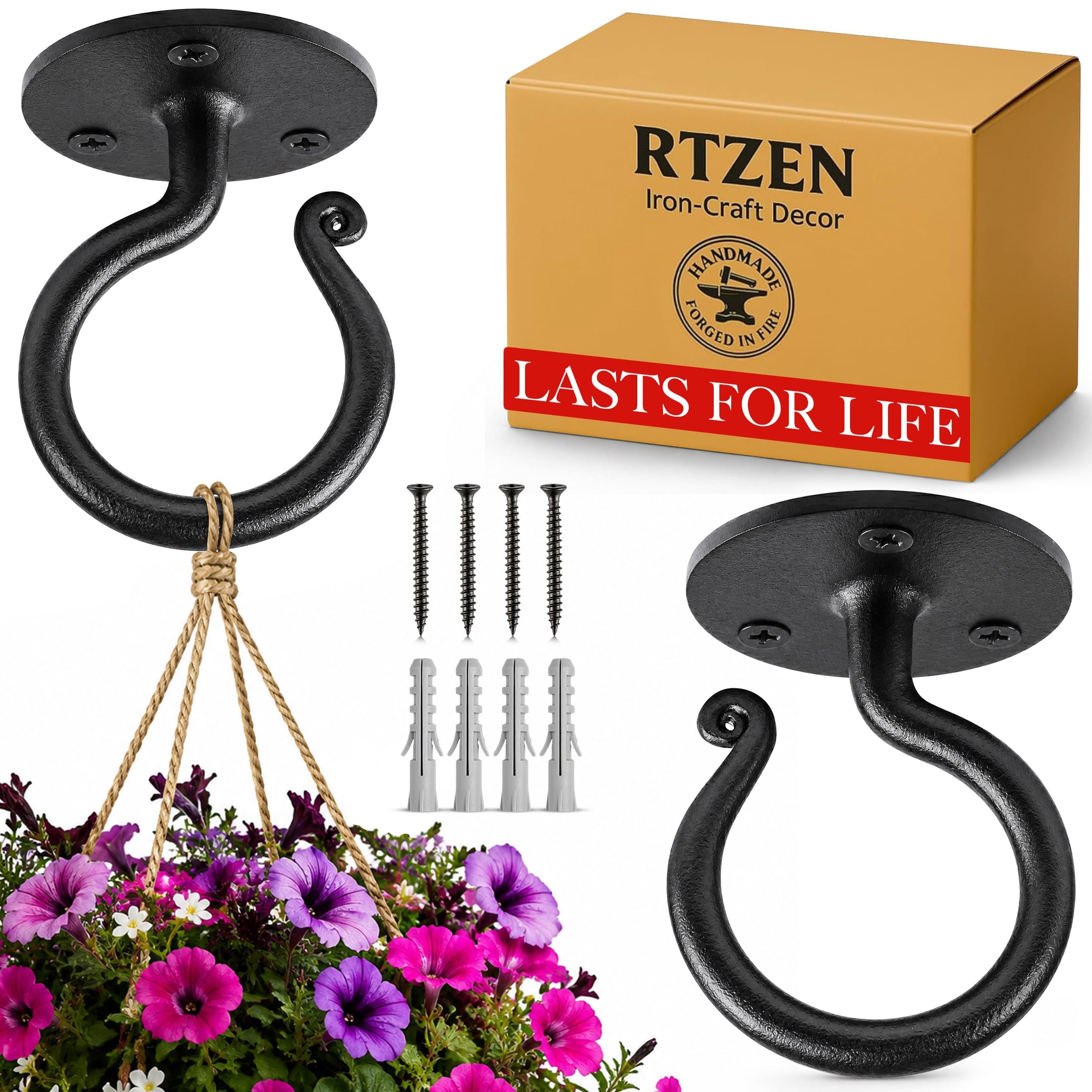 RTZEN Ceiling Hooks for Hanging Plants - Wrought Iron Decorative Durable Thick Heavy Duty Indoor or Outdoor Hooks for Hanging Objects - Black Hooks for Outdoor String Lights - 2 Pack
