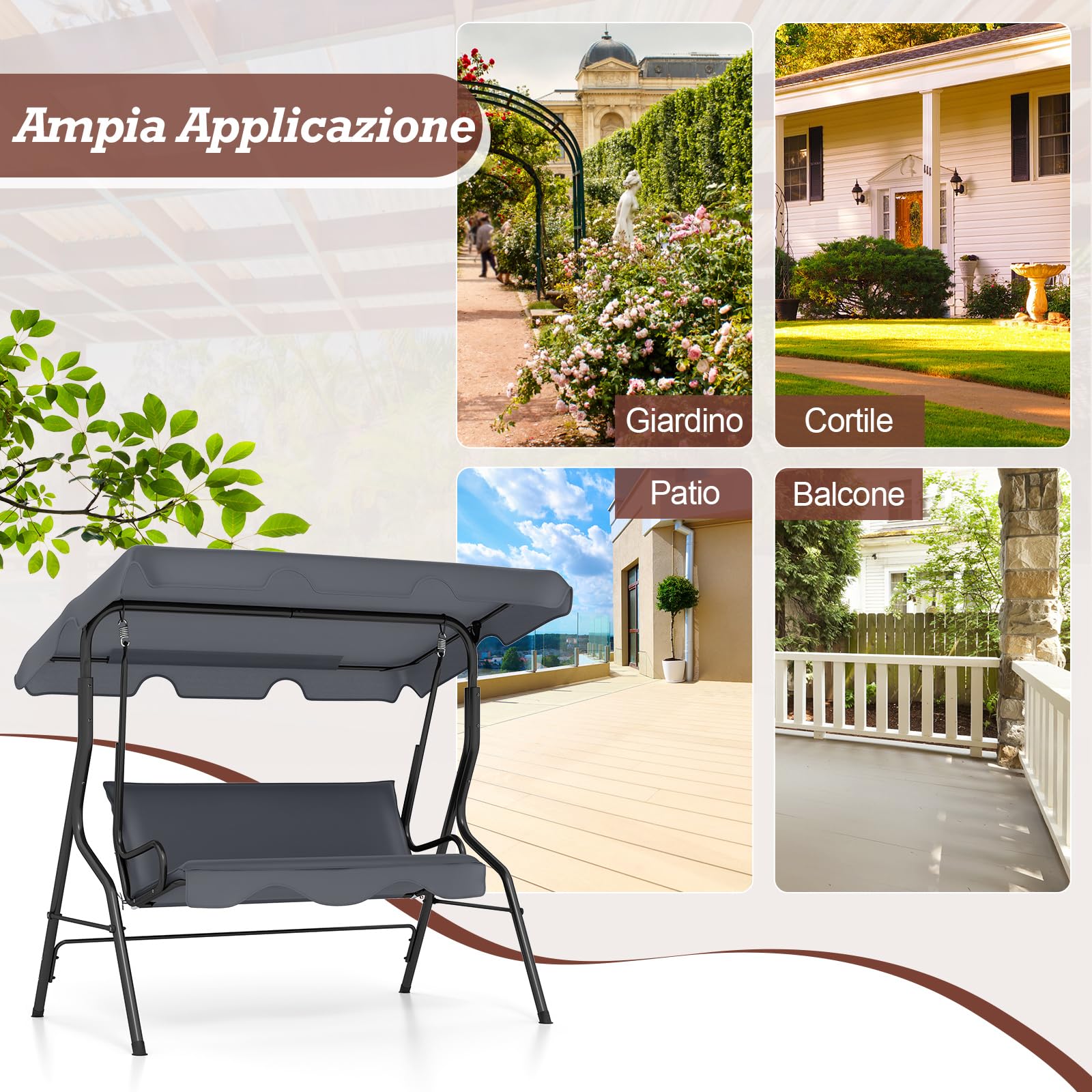 RELAX4LIFE Dondolo da Giardino a 3 Posti, con Tettuccio Parasole Regolabile, Cuscini Imbottiti, Braccioli, Telaio in Acciaio, per Balcone, Terrazzo, Patio, Veranda (GRIGIO, 3 POSTI- 2026)