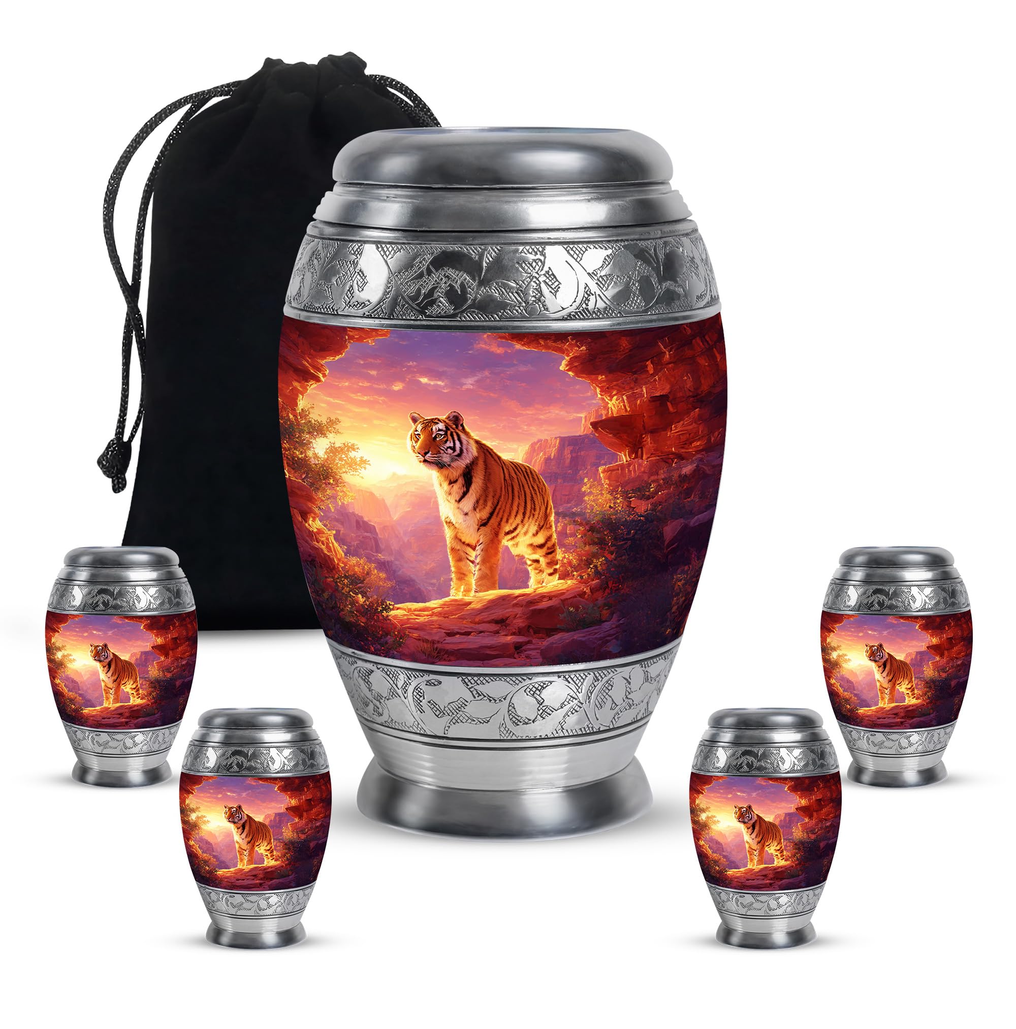 Tiger Memorial Urn for Grandparents Ash, Cremation Urns, Beautiful and Decorative Urn for Human Ashes, Burial and Funeral Urns, 10 Inch with 3 Inch Mini Keepsakes, Purple and Orange, Set of 4