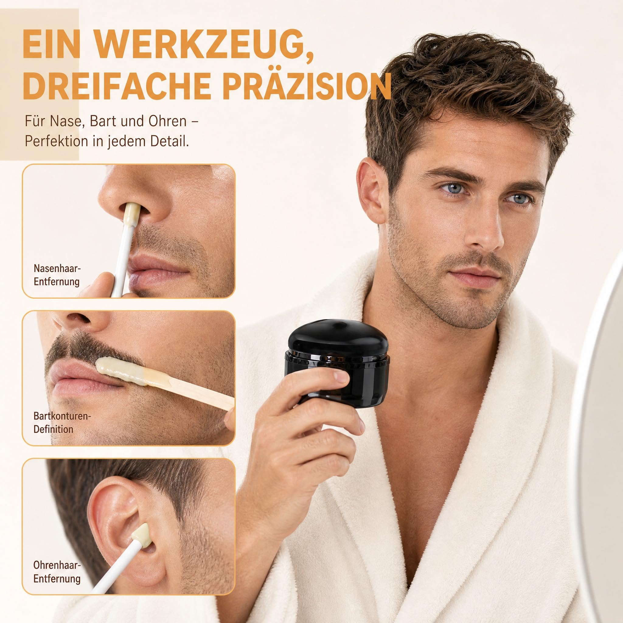 Nasenhaarentferner USB-Wachswärmer Nose Wax Kit für Männer | Schmerzfreie Nasen- & Ohrenhaarentfernung, 50g Nasenwachs enthalten, Mit Nasen-Sticks, Bartschutz & Tüchern