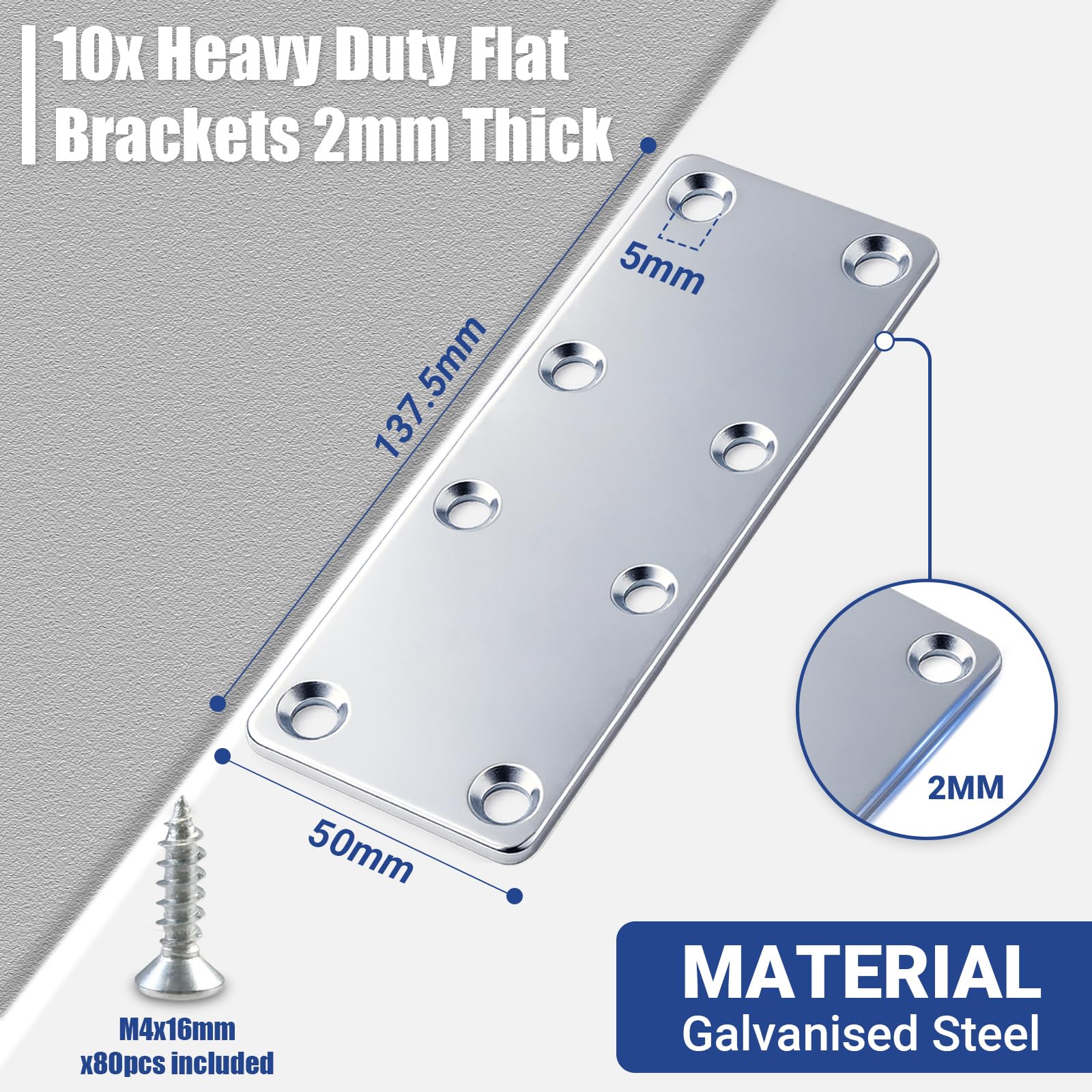 Xyxu Flat Brackets for Wood 10pcs 140 × 50 × 2mm Flat Joining Plates, Sleeper Bracket Heavy Duty - Image 2