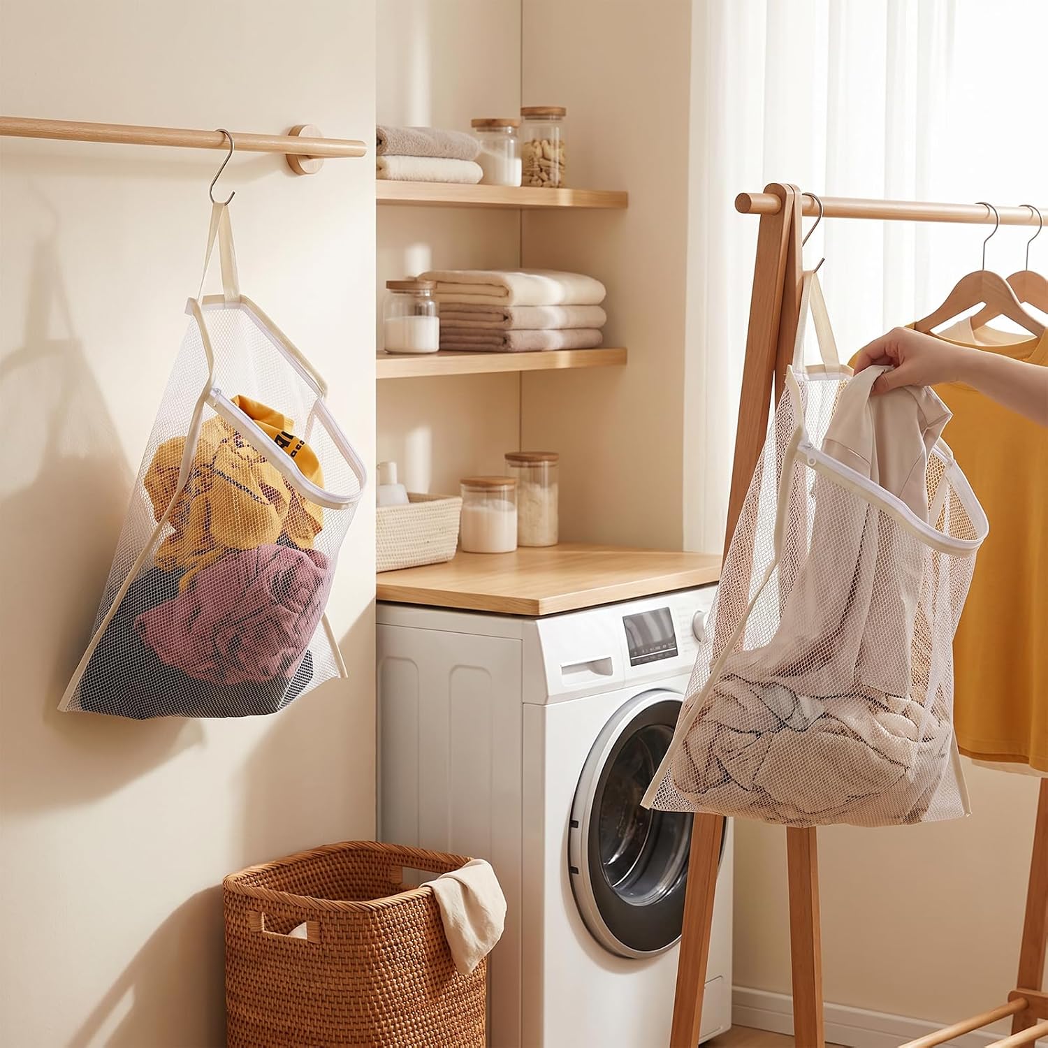 2PCS Small Laundry Bag for Delicates with S Hooks, Mesh Hanging Laundry Bags, 16.5 X 14 Inch Lingerie Bag for Washing Machine