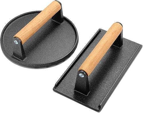 Wildone Prensa de hamburguesas, redonda de 7 pulgadas y 8.2 x 4.3 pulgadas, rectangular, de hierro fundido, prensa de tocino, carne con mango de