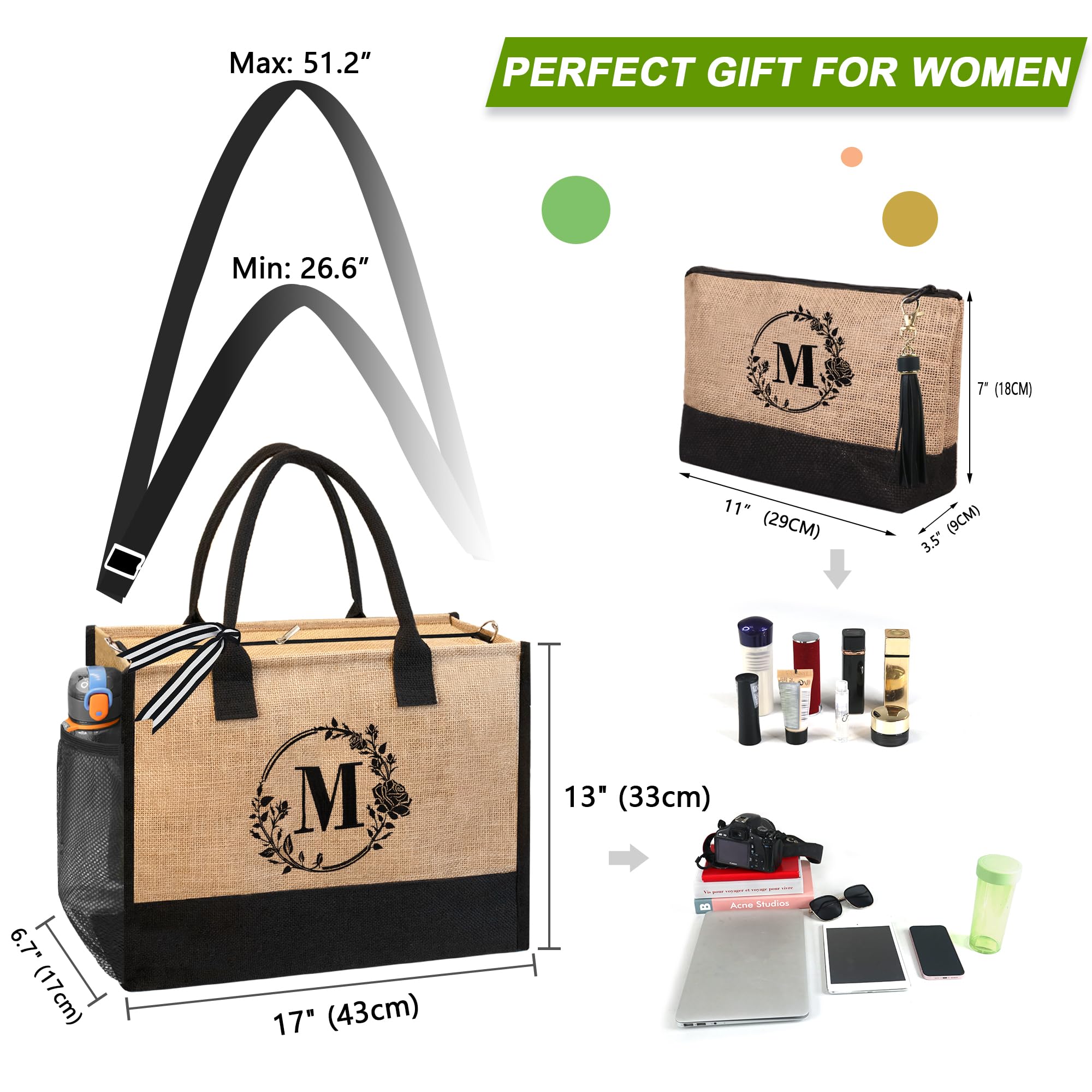 BeeGreen Monogrammed Tote Bag for Women Initial Jute Tote Bag with Zipper Closure Embroidery Large Personalized Gifts for for Friends Mother Bride Beach Bag Wedding S