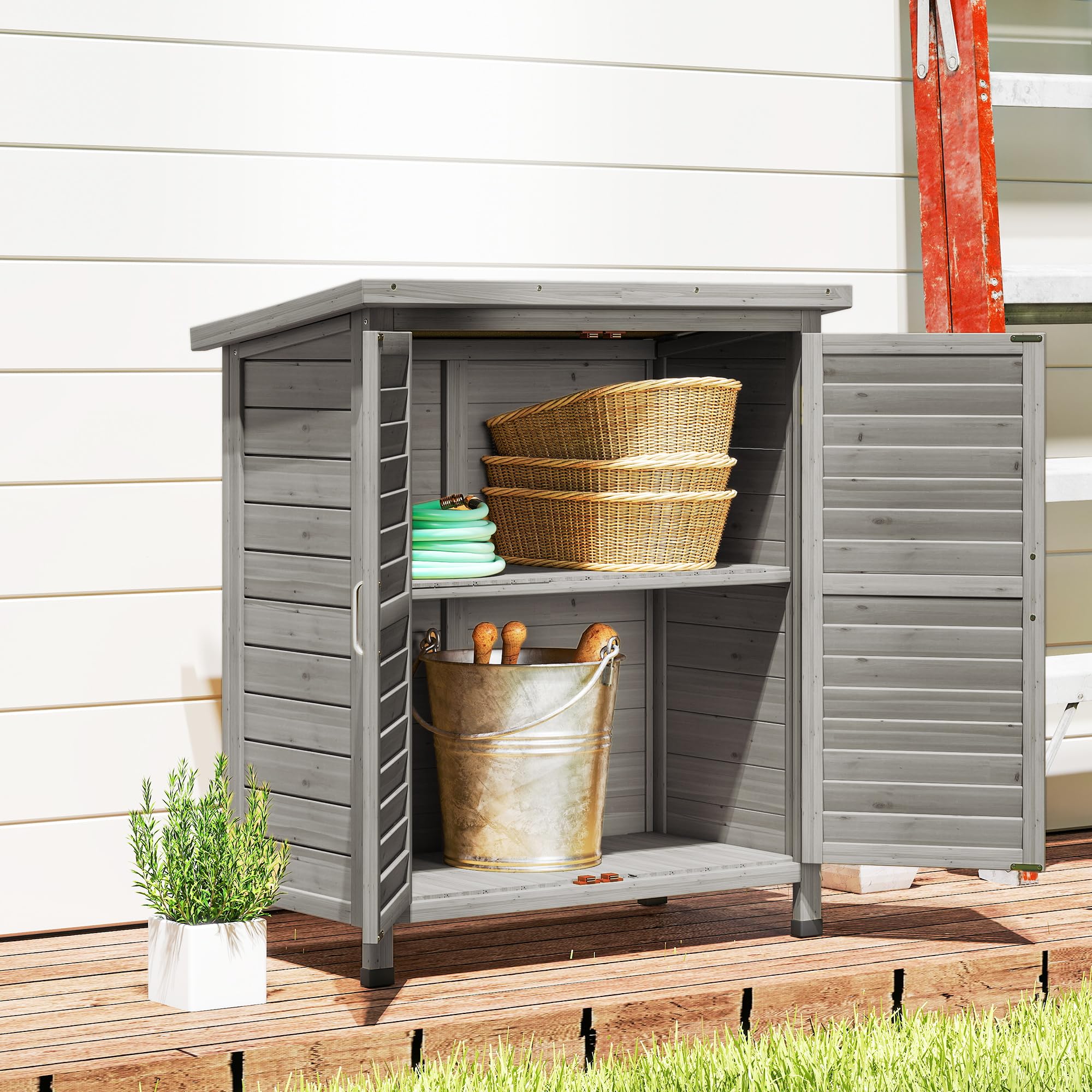 Outsunny Armoire de Jardin abri Jardin Remise pour Outils sur Pied dim. 87L x 46,5l x 96,5H cm étagère Portes persiennes Toit bitumé Gris