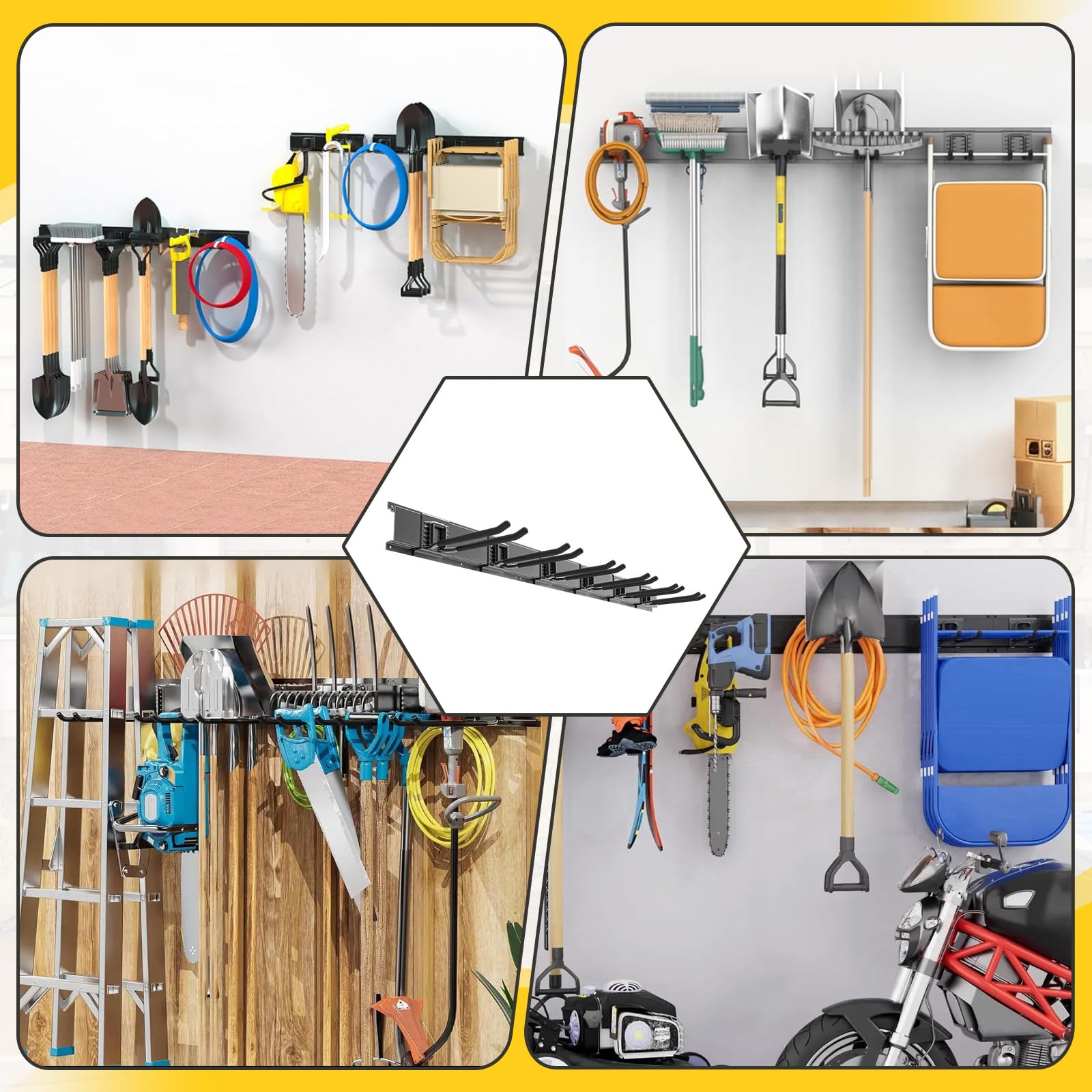 48 Zoll Wandhalterung Gerätehalter mit 6 Verstellbar Haken, Metall-Wandregal Gartengerätehalter, Garten Wand Werkzeughalter, Garagen Werkzeug Organizer für Skiausrüstung, Stühle, Besen, Rechen, Mopps