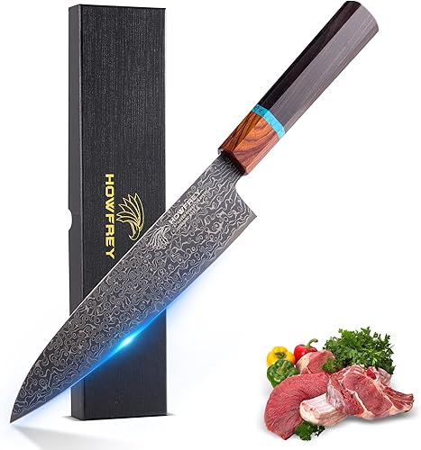 Cuchillo de chef de Damasco, cuchillos de cocina japoneses de 8 pulgadas y 67 capas, acero inoxidable afilado de alto carbono con asas ergonómicas
