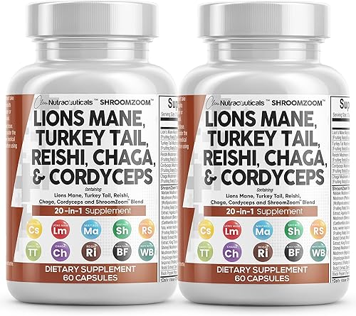 Clean Nutraceuticals Suplemento de hongo 20 en 1 de melena de león con cola de pavo Reishi Cordyceps Chaga Maitake Meshima Poria Cocos Shiitake
