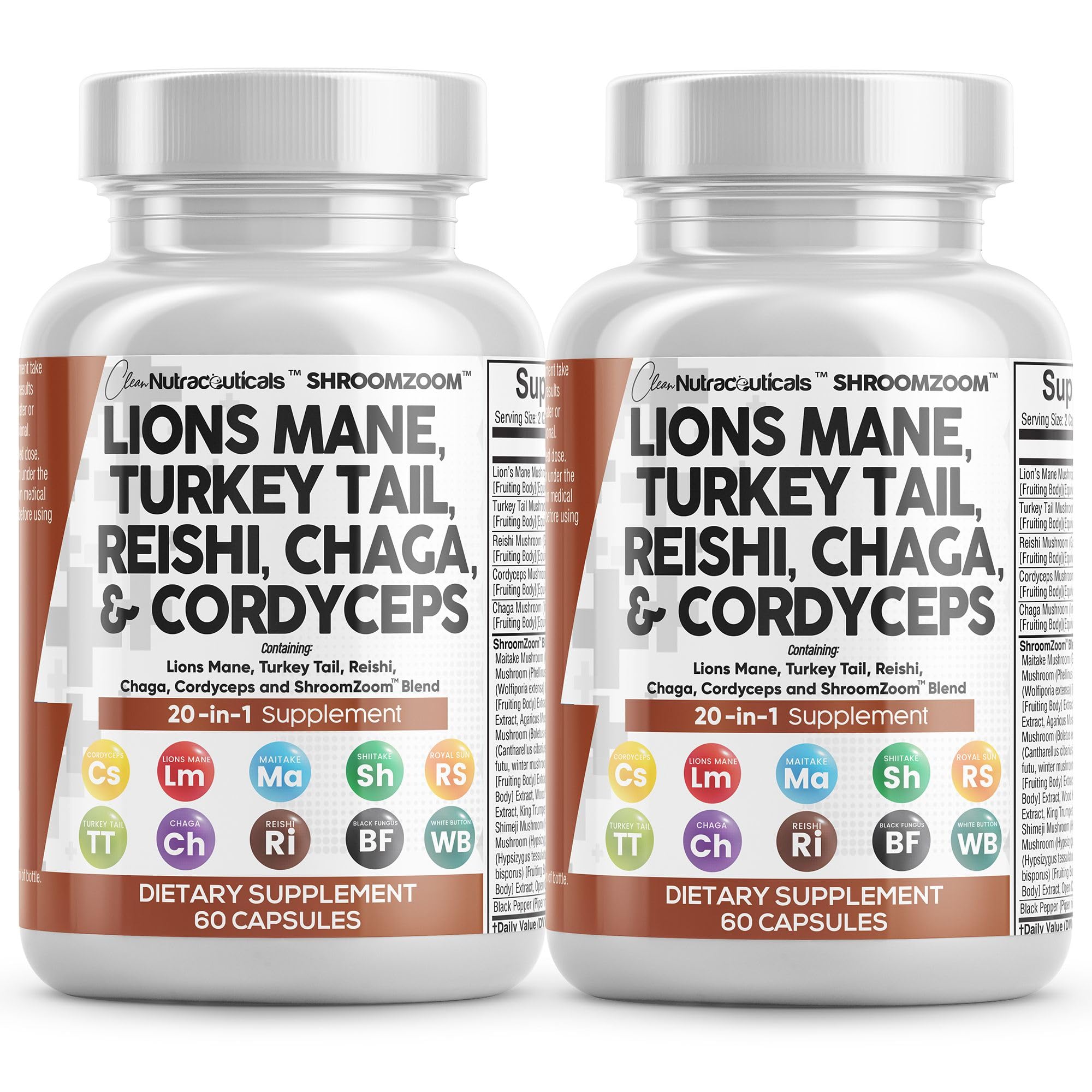 Clean Nutraceuticals Lions Mane 20in1 Mushroom Supplement with Turkey Tail Reishi Cordyceps Chaga Maitake Meshima Poria Cocos Shiitake Oyster Porcini Enoki - 2Pack