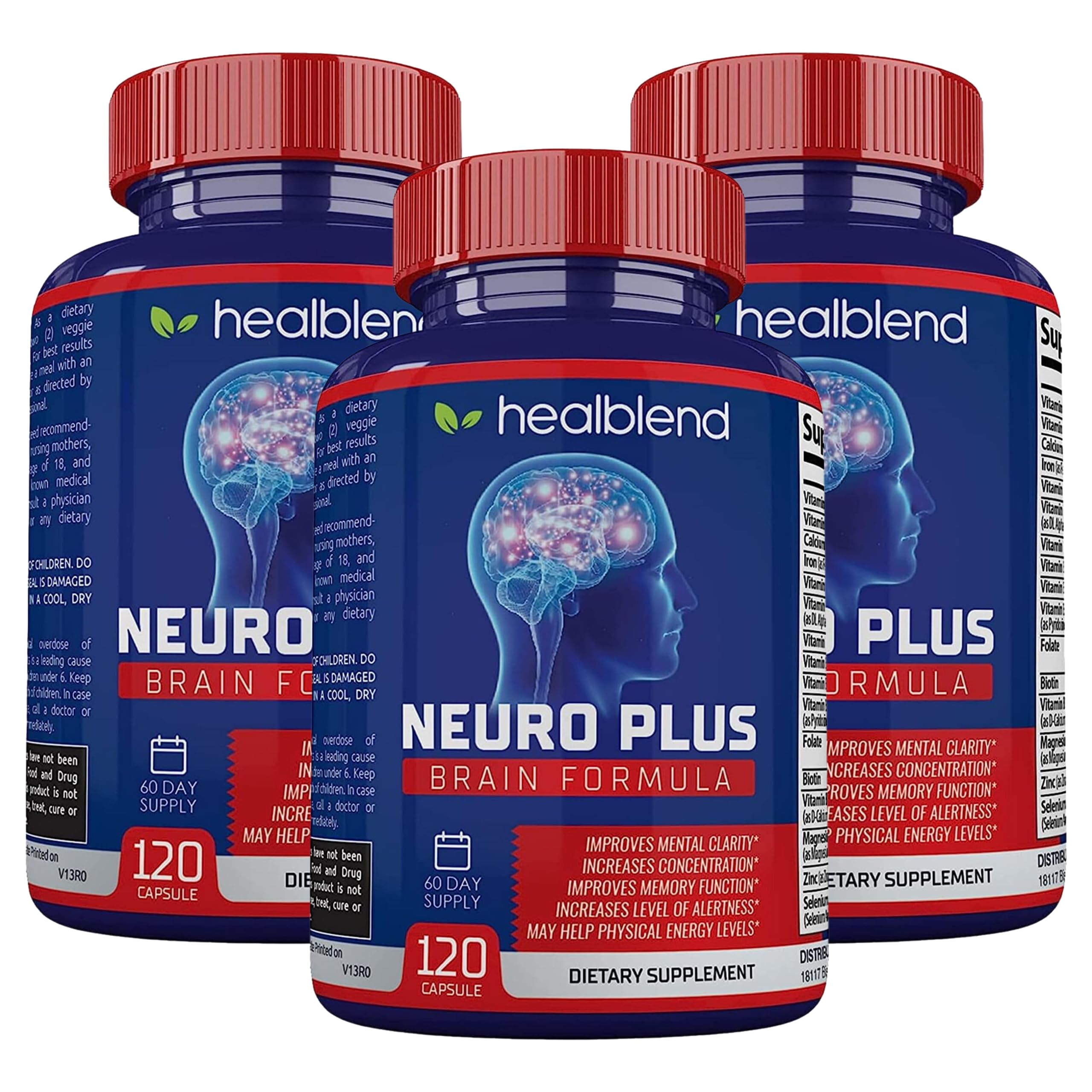 healblend Neuro Plus Brain & Focus Formula - Brain Booster Supplement, Supports Mental Clarity & Focus - Enhances Concentration & Mental Energy – 120 Capsules (3 Pack)
