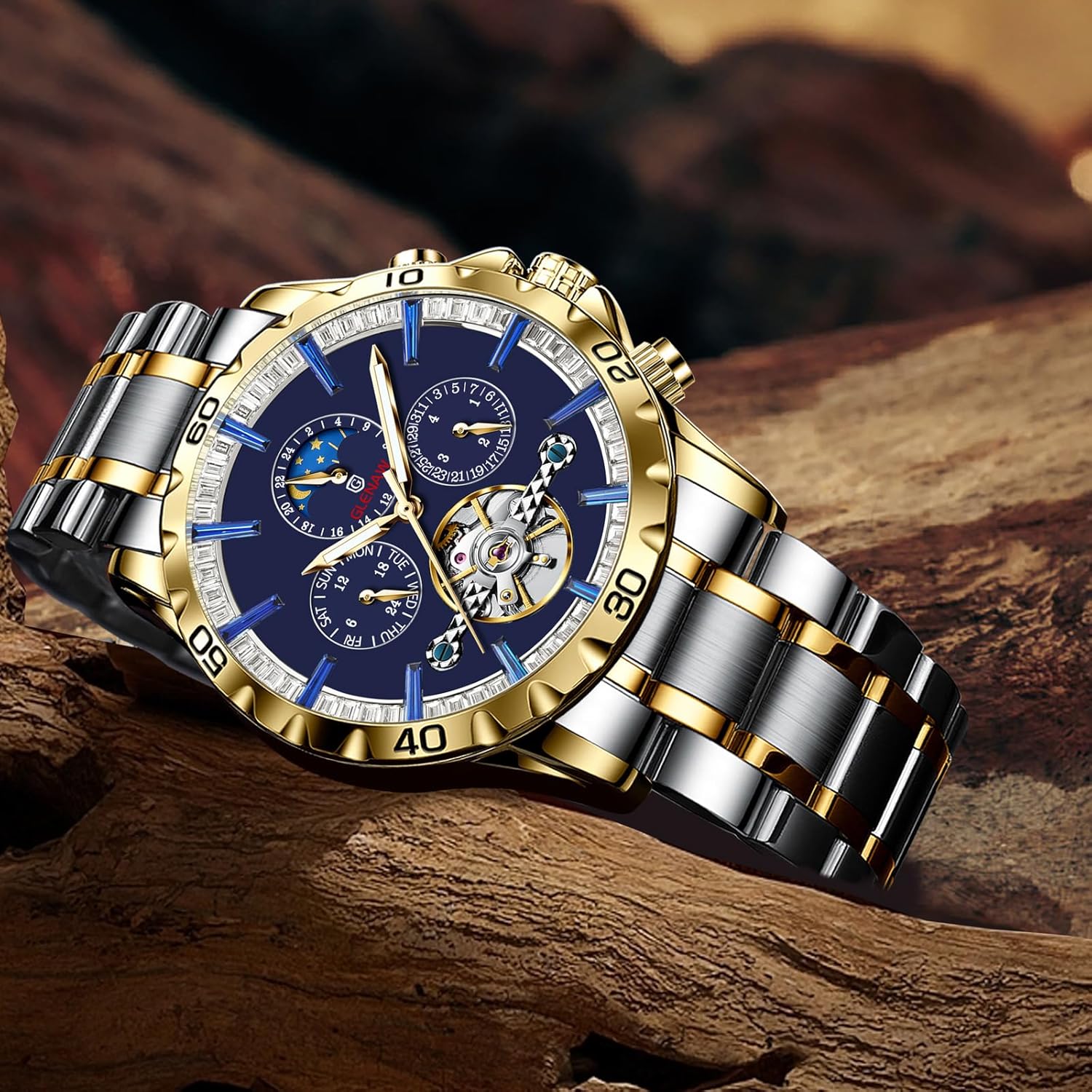 Mens Watches Automatic Mechanical Skeleton Tourbillon Luxury Self Winding Dress Wrist Watches Moon Phase Waterproof Luminous - Image 4