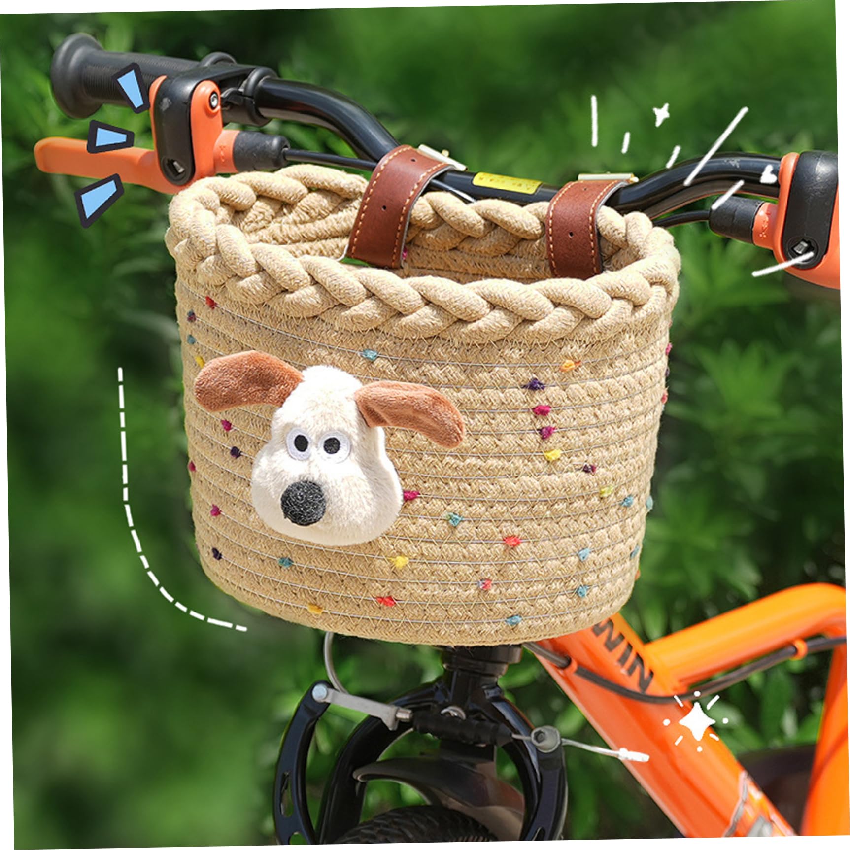 Panier Vélo Enfant En Corde Coton – Adorables Chiots Et Pois Colorés, Facile à Fixer Sans Outils