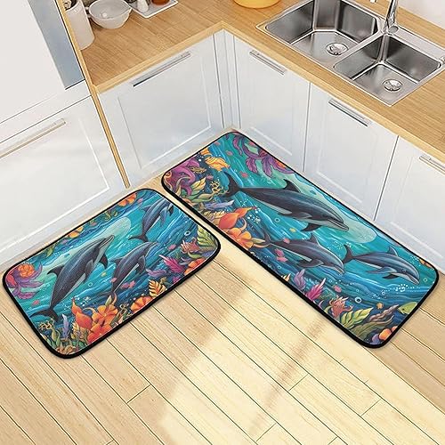 Miniatura 2 de Dolphins Coral Kitchen Mat 2 Pcs Set, Low Pile Kitchen Rugs Cushioned Water Absorbent Washable Floor Mats for Kitchen Sink Laundry Room