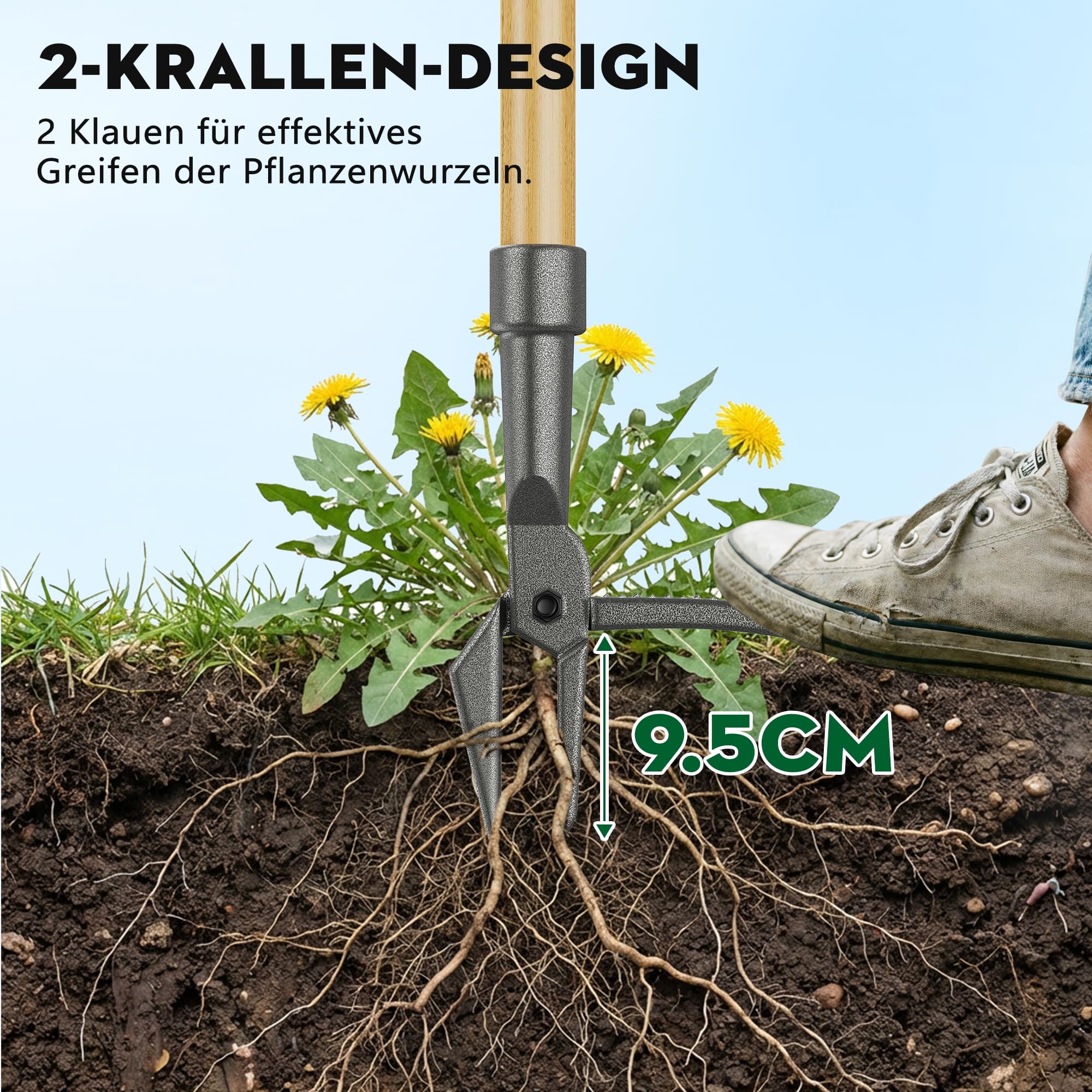 Désherbeur à long manche et pédale (110 cm), avec 2 griffes en acier inoxydable, outil de jardinage démontable, pour pissenlits et chardons dans le jardin