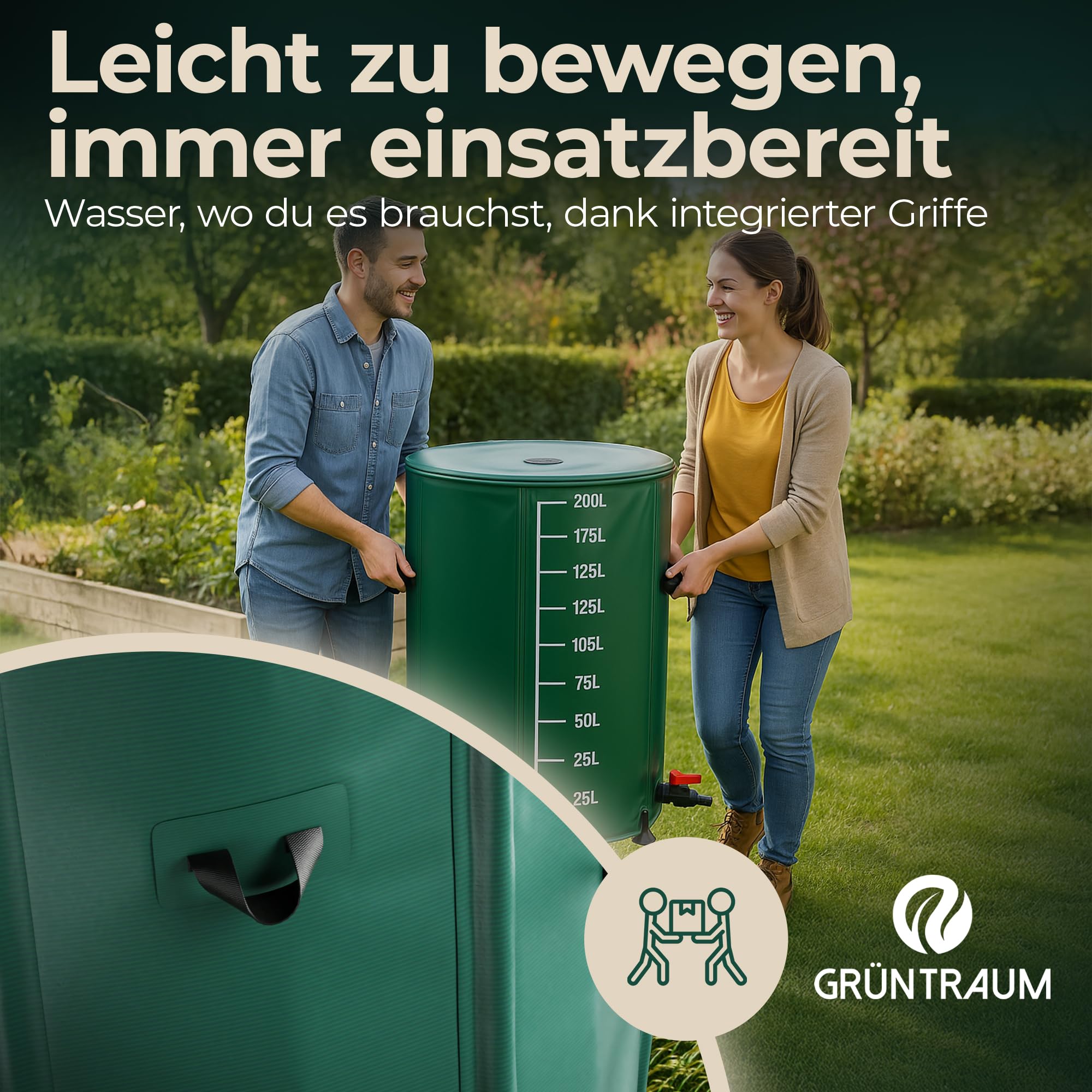 Regentonne faltbar 200L – Regenfass/Regenwassertonne/Wassertank faltbar – Wasserfass stabil – witterungsbeständig – mit Füllstandsanzeige & Air Wing System (Grün, 200L)