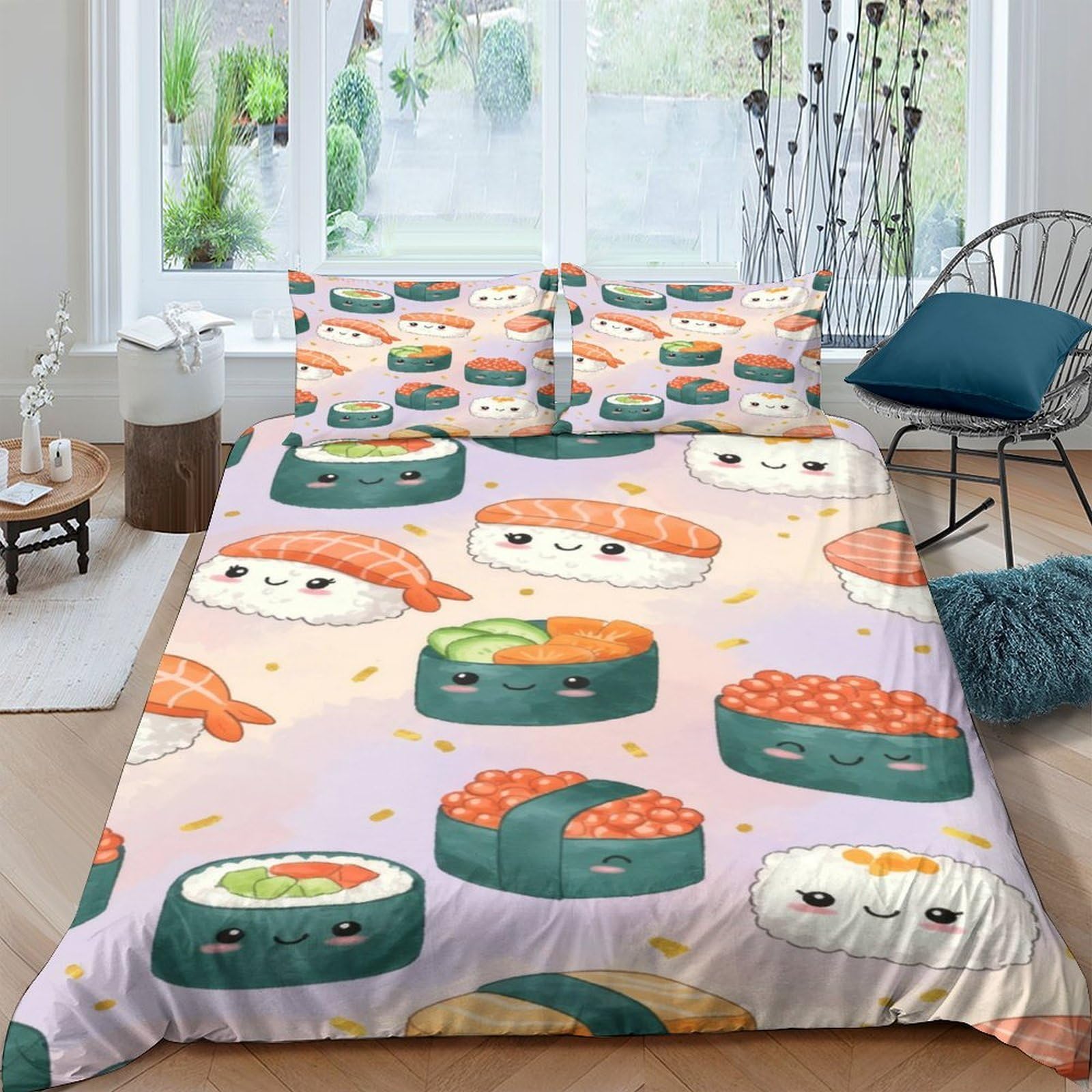 Ctjqhvkz Style-2 3D Printed Sushi Cartoon Fitted Sheet Microfiber Soft Bedroom Decor Nigiri Maki Bed Cover For Mattress Protection Single（135X200cm）