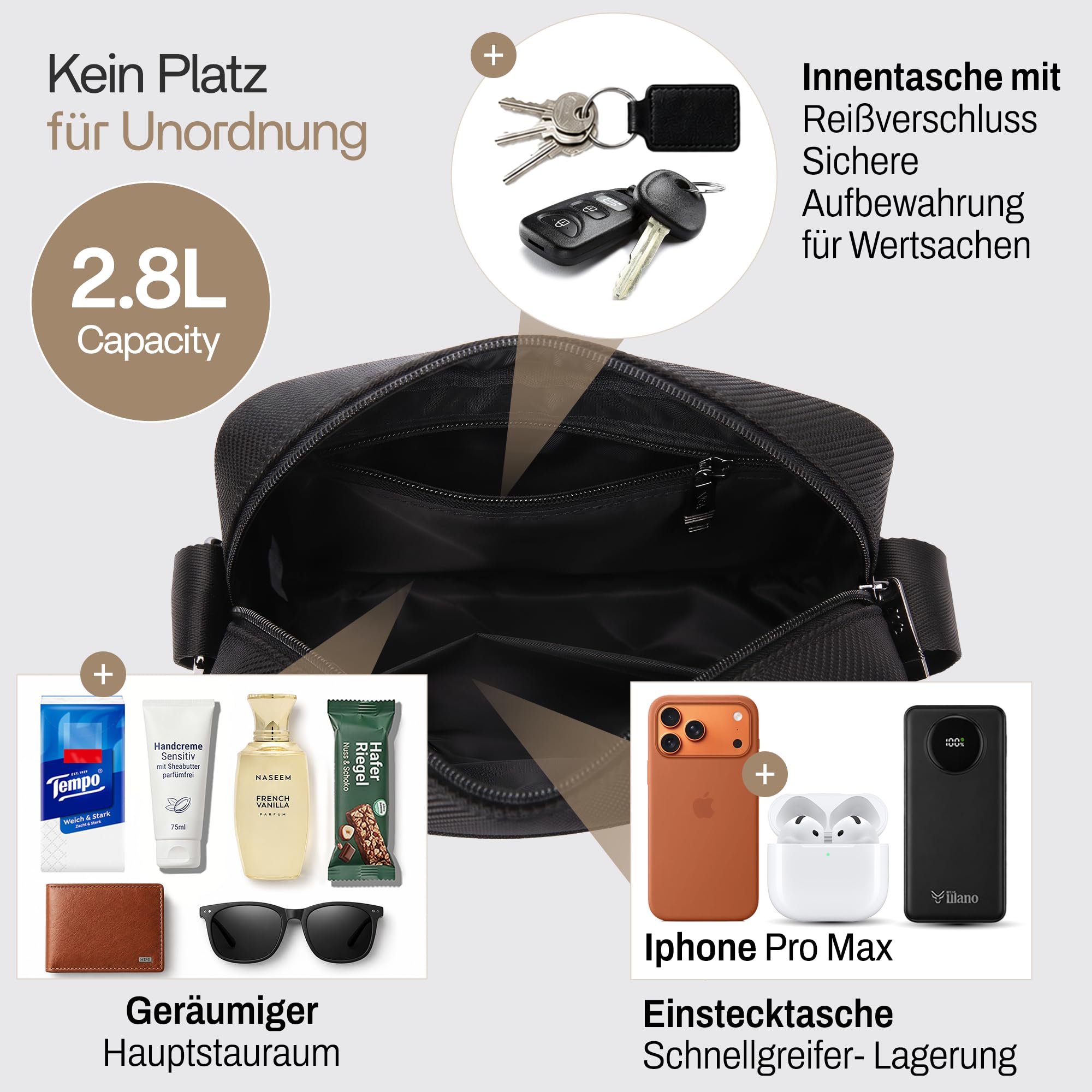 Unisex – Hochwertige Umhängetasche – Crossbody Bag – Elegant - Wasserabweisend, Leicht und Alltagstauglich – Geschenk für Damen & Herren