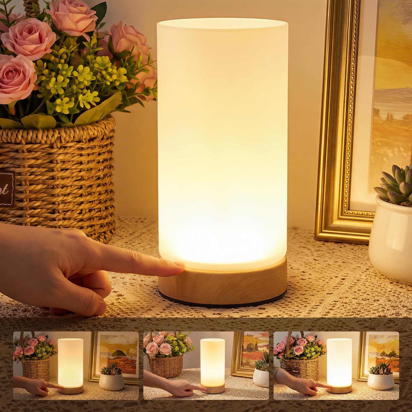 Warmiehomy Touch Bedside Lamps, 3-Level Dimmable Modern Frosted Glass Table Lamp, USB Rechargeable Small Touch Lamps Bedside Night Light for Bedroom, Living Room, Nightstand (LED Source Included)