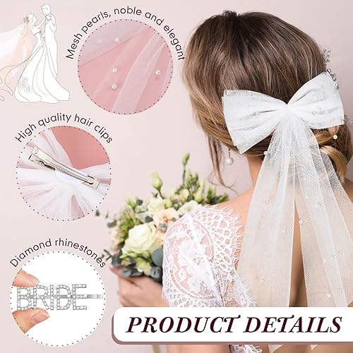 Miniatura 3 de 3 piezas de decoraciones de despedida de soltera, lazo blanco perla nupcial para el cabello, pinzas para el cabello plateadas, clips de letras para