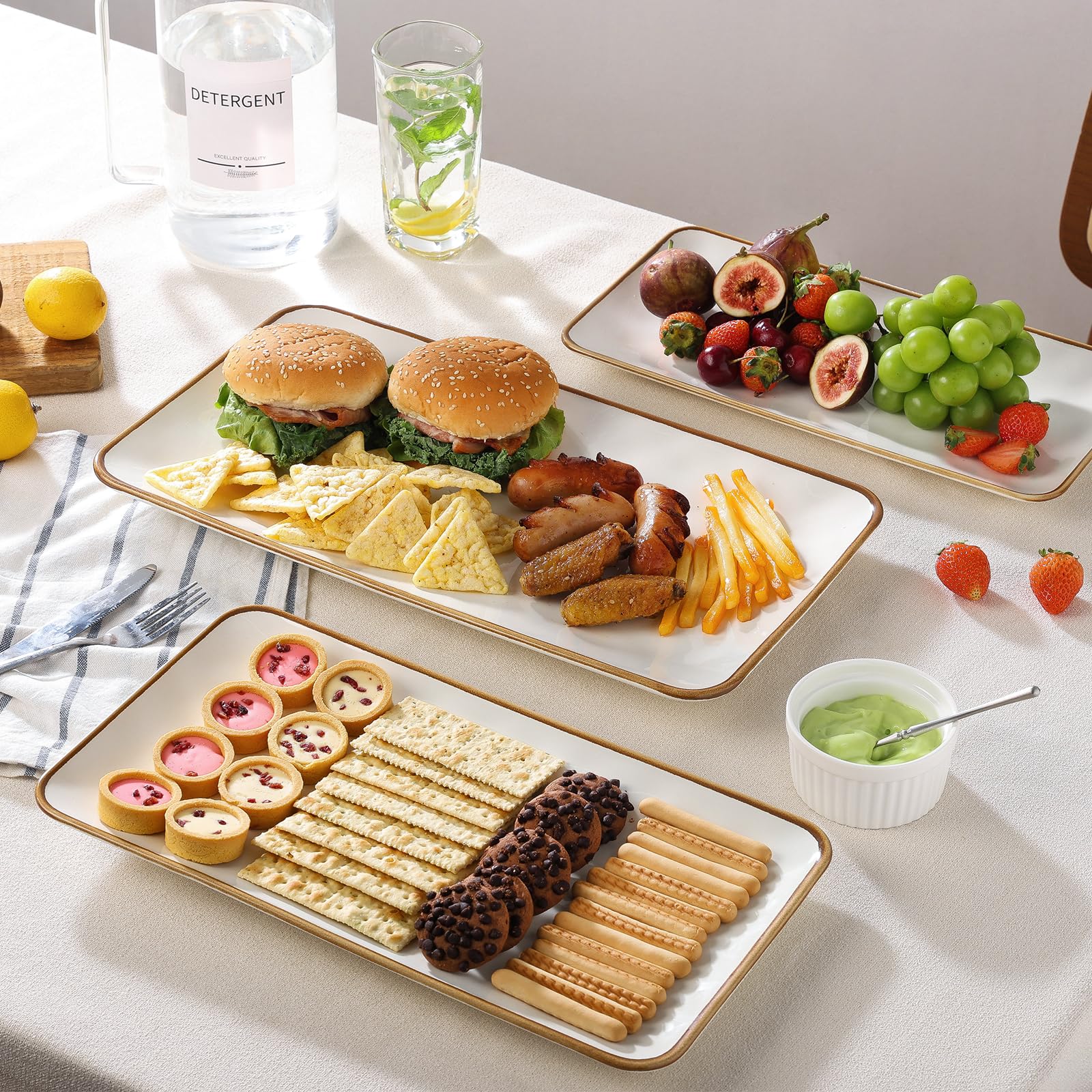 Plateau de service rectangulaire en céramique avec bord marron : grands plats de service de 39,6/36,1/32,6 cm pour réception, dinde, fromage, sushis, collations et desserts, passe au
