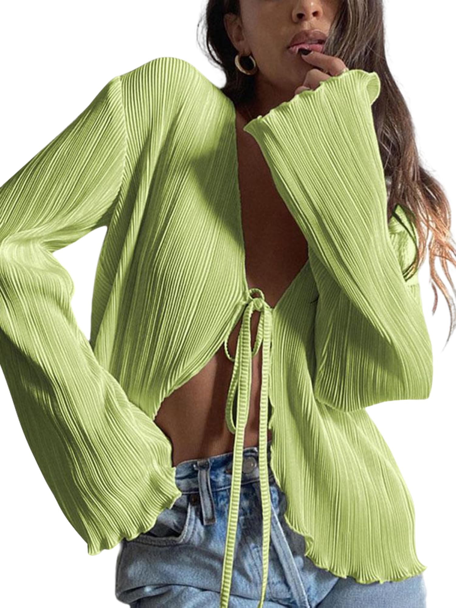 ZAFUL Women's Deep V Neck Tie Front Top Flare Sleeve Plisse Pleated Blouse Shirt Top Y2k Vintage Streetwear