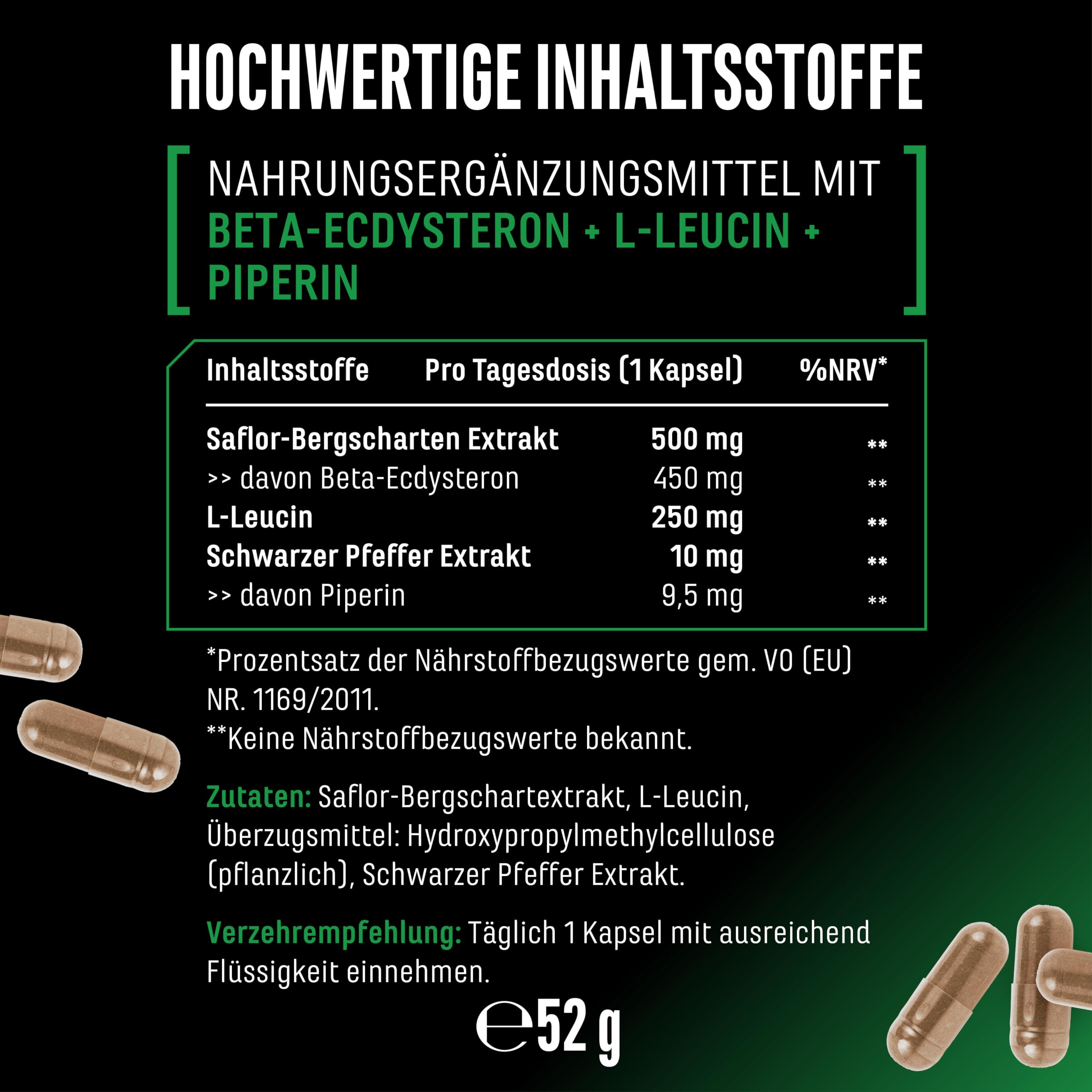 Ecdysteron Komplex - 760 mg pro Kapsel – Mit 90% Beta-Ecdysteron, L-Leucin & Piperin – Hochdosiert & in Premiumqualität - 60 vegane Kapseln