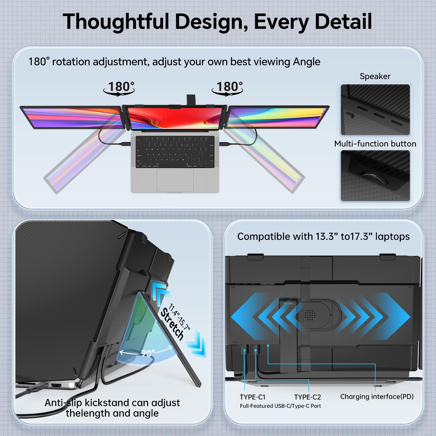 SMISEACOW Laptop Screen Extender Triple 15.6", 1080P FHD IPS 0.18" Ultra-Slim & 3.9 lbs, Plug-Play Portable Monitor for Laptops Fits 12-17.3" Laptops, Compatible with Win/Mac/Android product image 22
