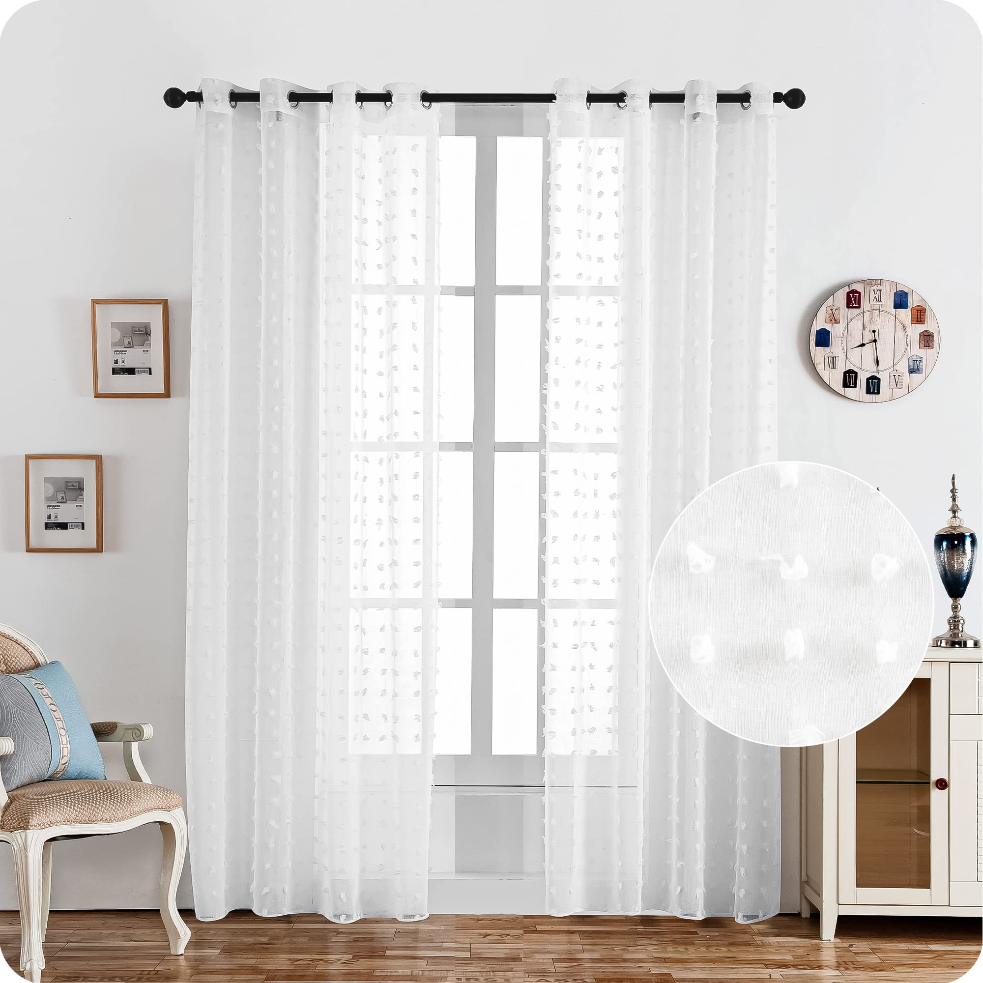 Dalina Textil - Cortina Sálon Dormitorio Translúcida con Diseño de Pompones levantados para Ventana Cocina Comedor de 2 Unidades 140x260cm Blanco