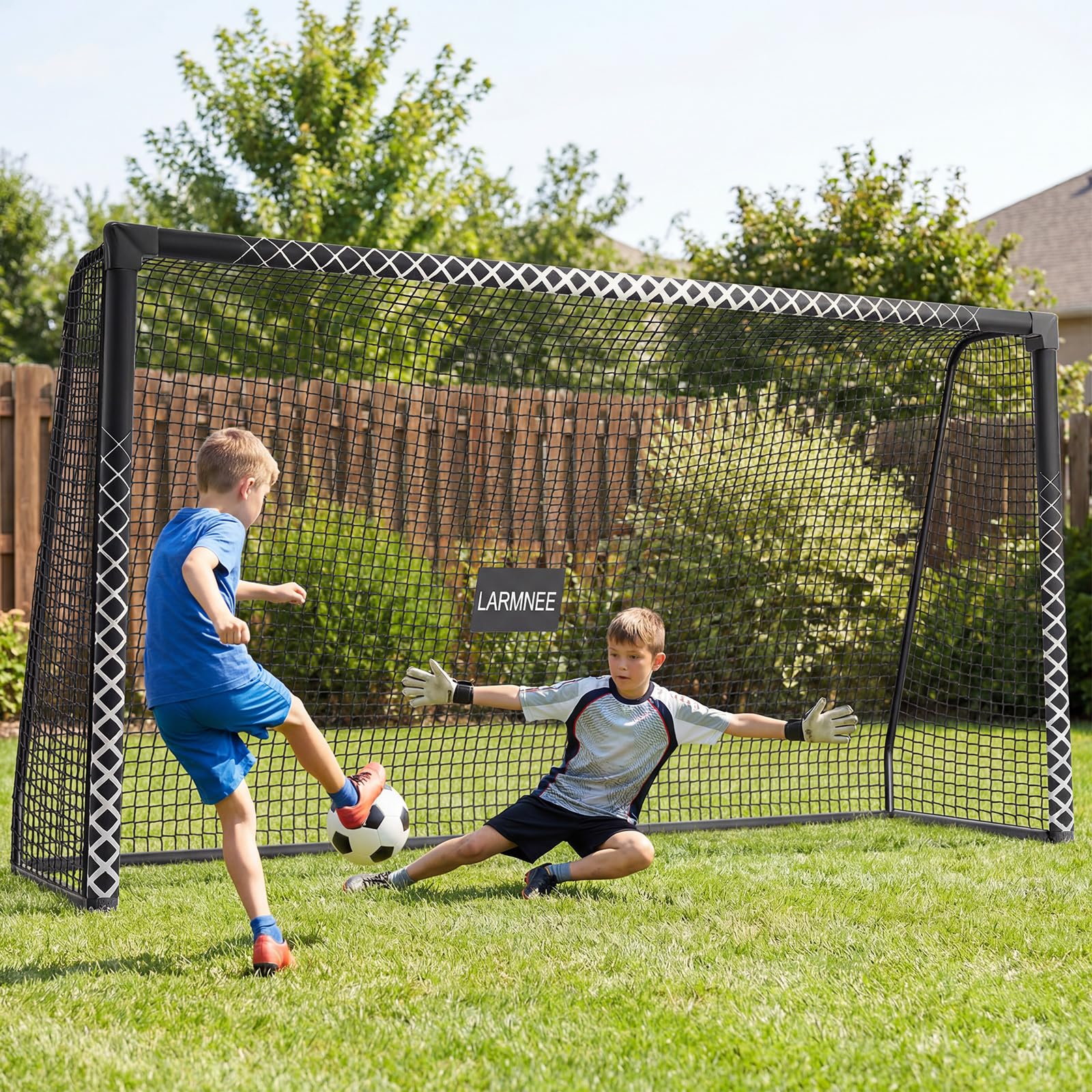 LARMNEE Großes Fussballtor, PE-Knotennetz, inklusive U-Heringen, Schaumstoffbezug, für Outdoor, Garten, Spielfeld