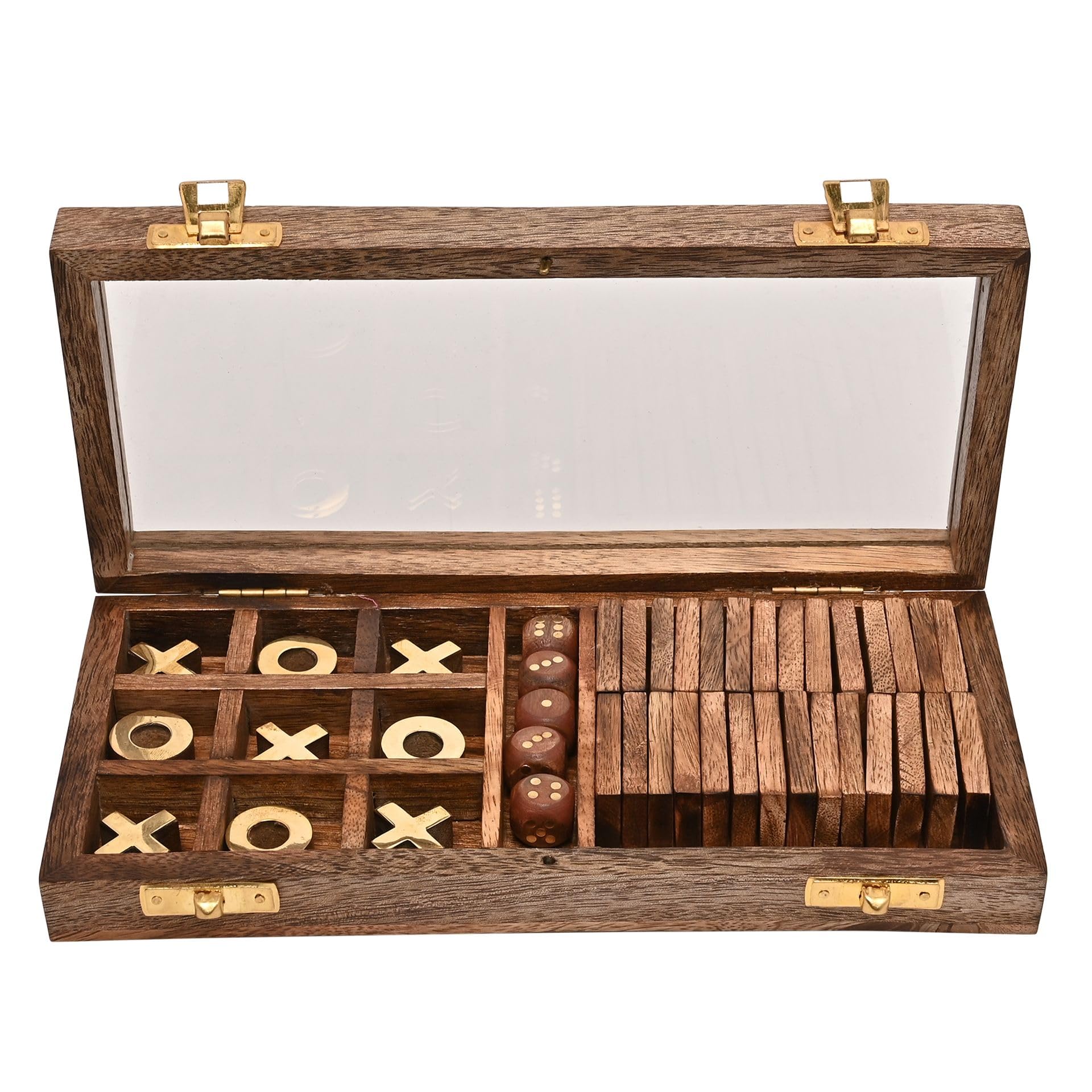 Widdop Harvey Makin Dominoes, Tic Tac Toe and Dice Set Game- Brown Mango Wood - Sophisticated Stylish Design - Gift for Him Father's Day Dad Present